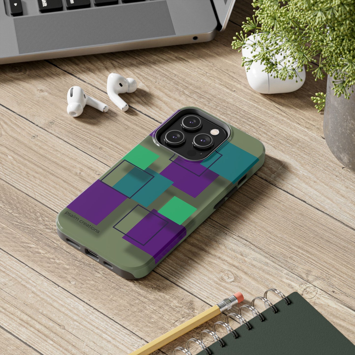 Geometric Olive Green Tough Phone Case – Teal & Purple Square Pattern