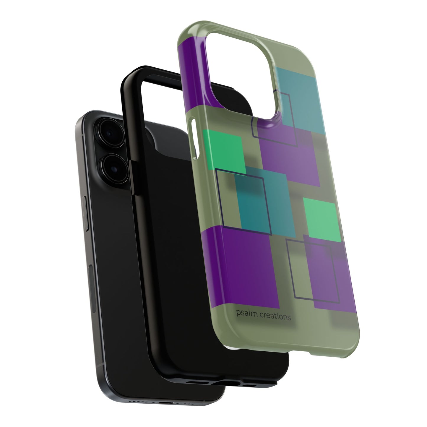 Geometric Olive Green Tough Phone Case – Teal & Purple Square Pattern