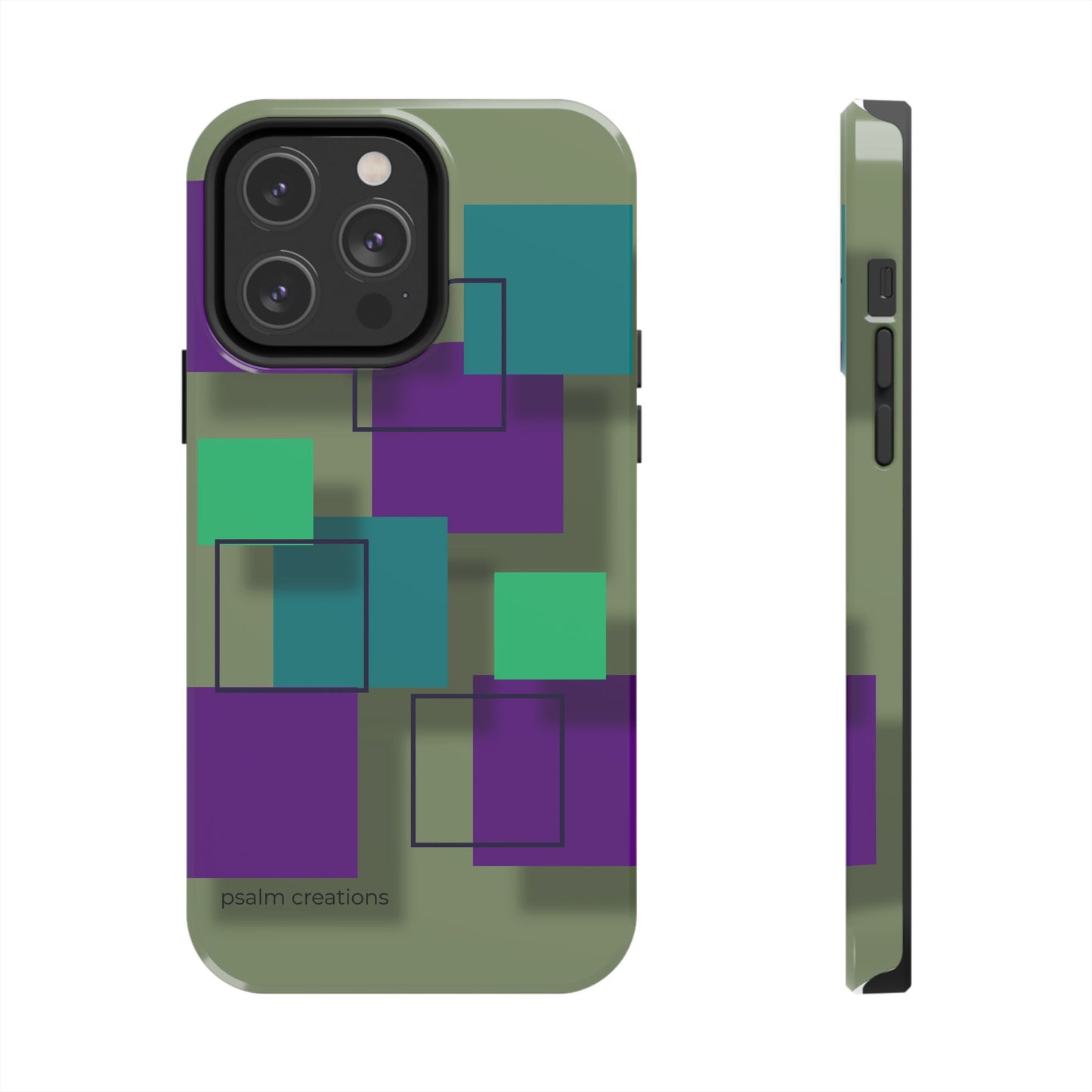 Geometric Olive Green Tough Phone Case – Teal & Purple Square Pattern