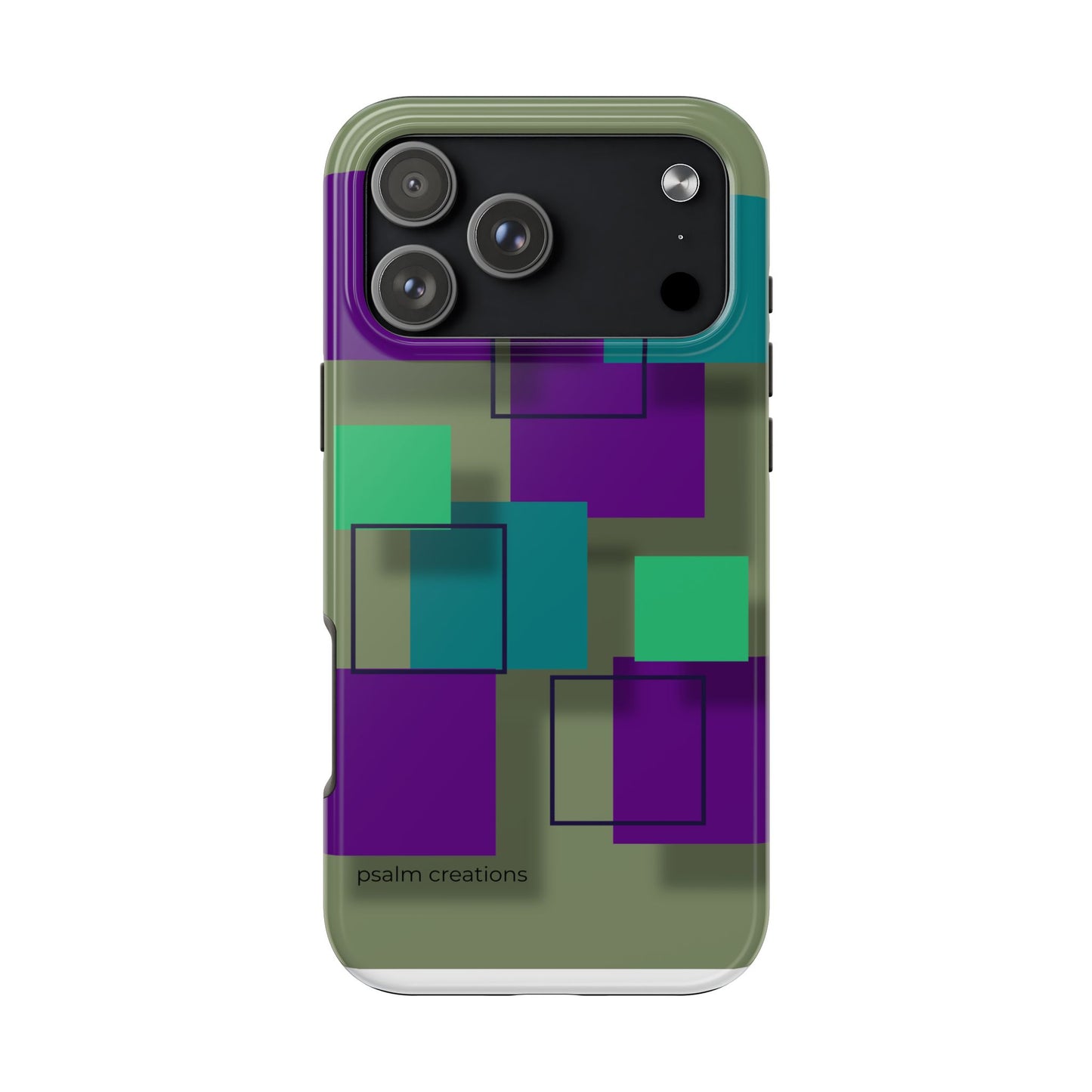 Geometric Olive Green Tough Phone Case – Teal & Purple Square Pattern