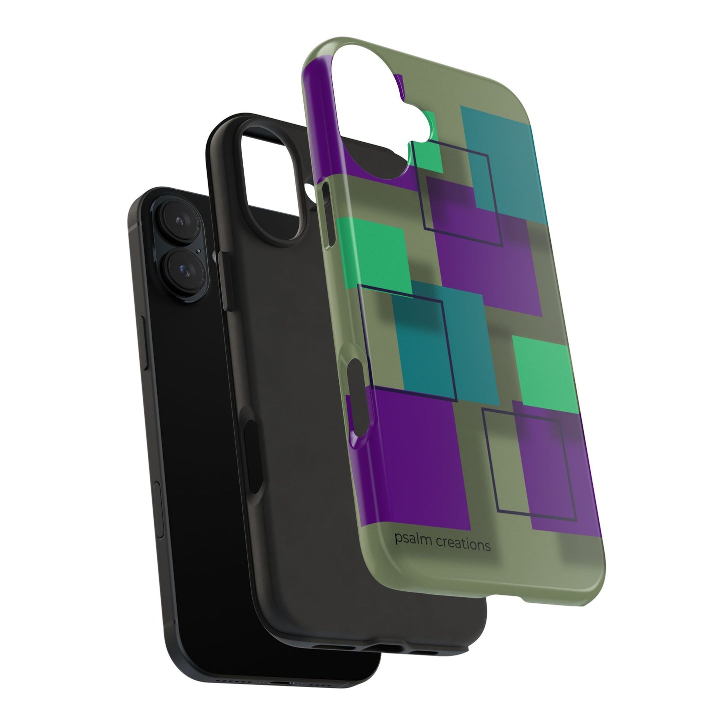 Geometric Olive Green Tough Phone Case – Teal & Purple Square Pattern