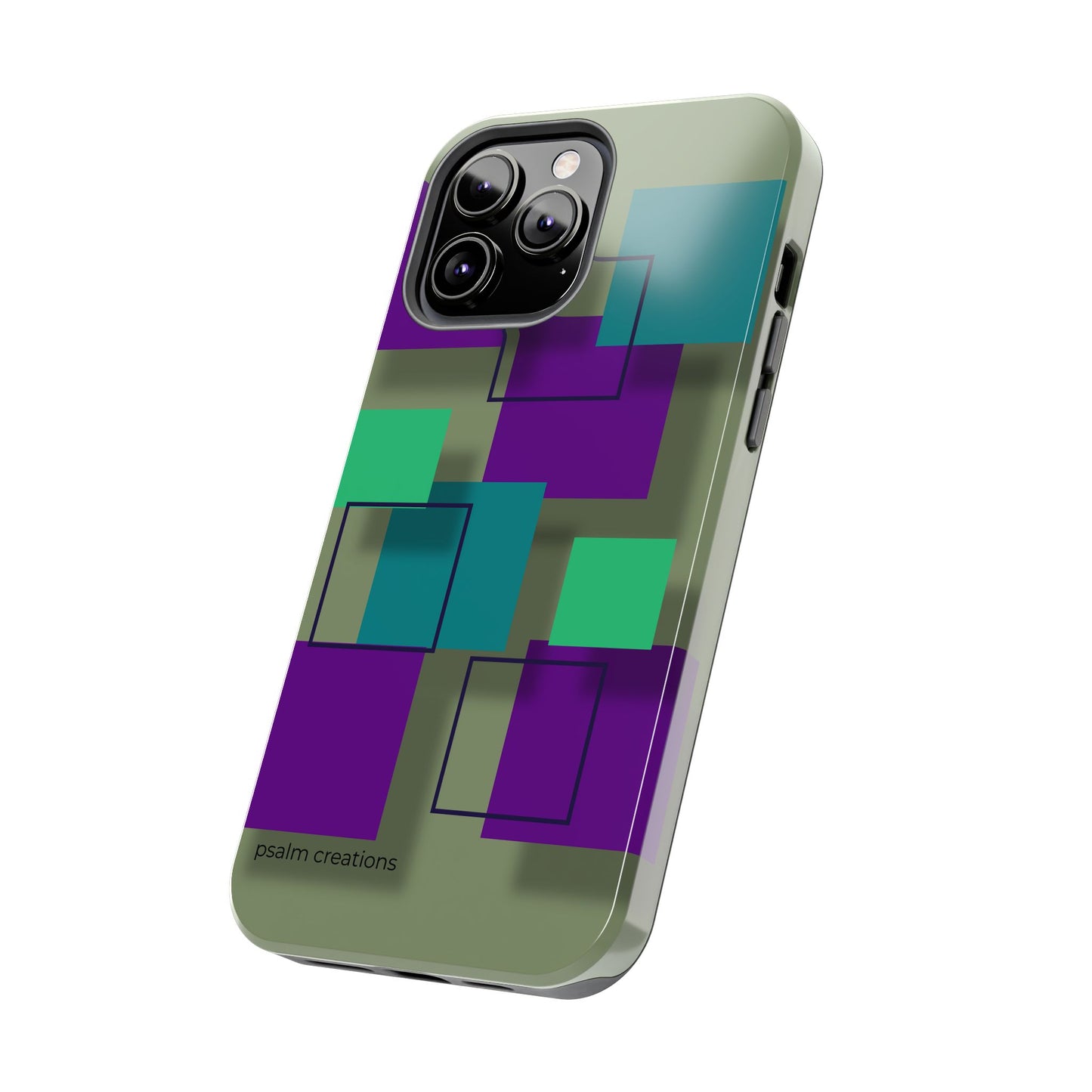 Geometric Olive Green Tough Phone Case – Teal & Purple Square Pattern