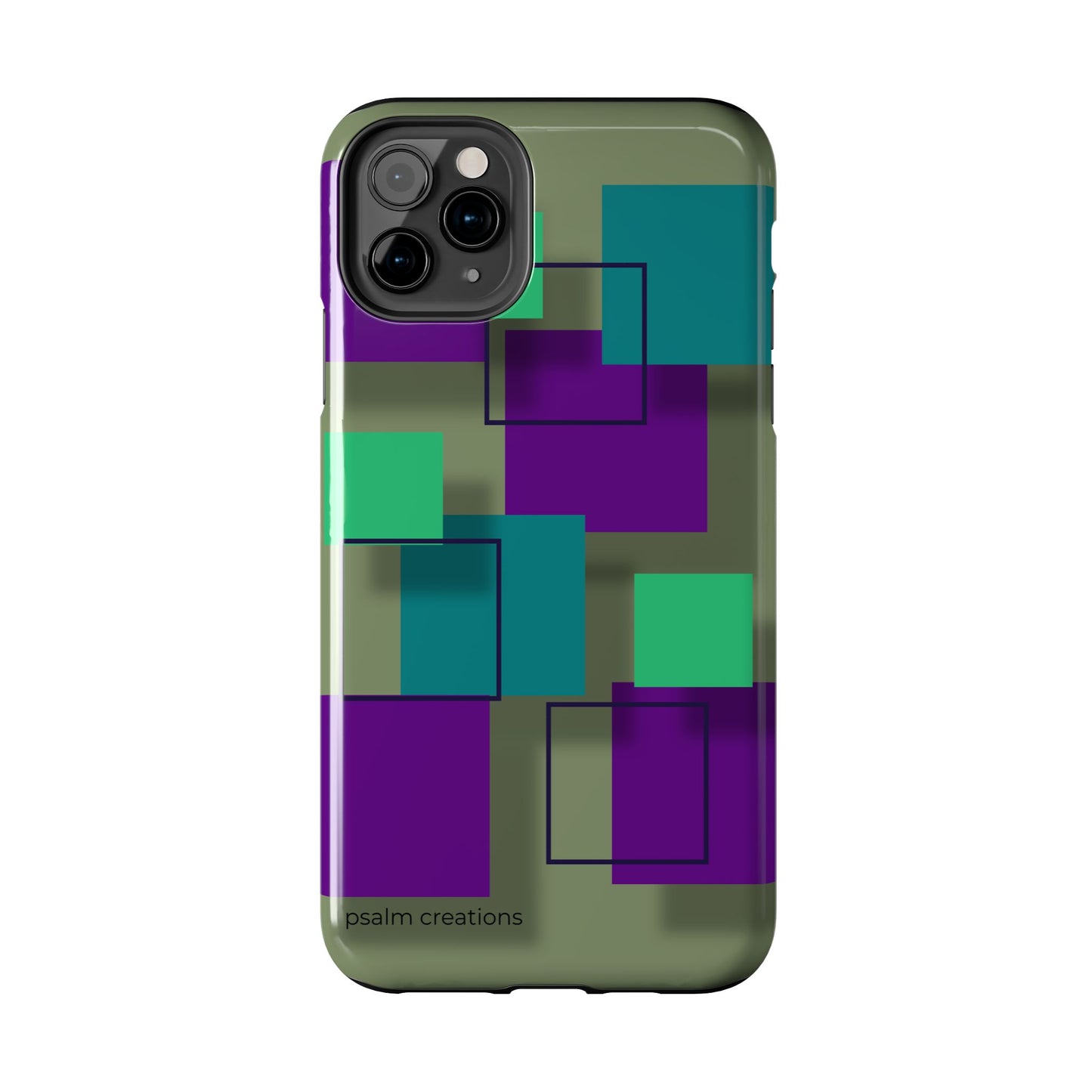 Geometric Olive Green Tough Phone Case – Teal & Purple Square Pattern