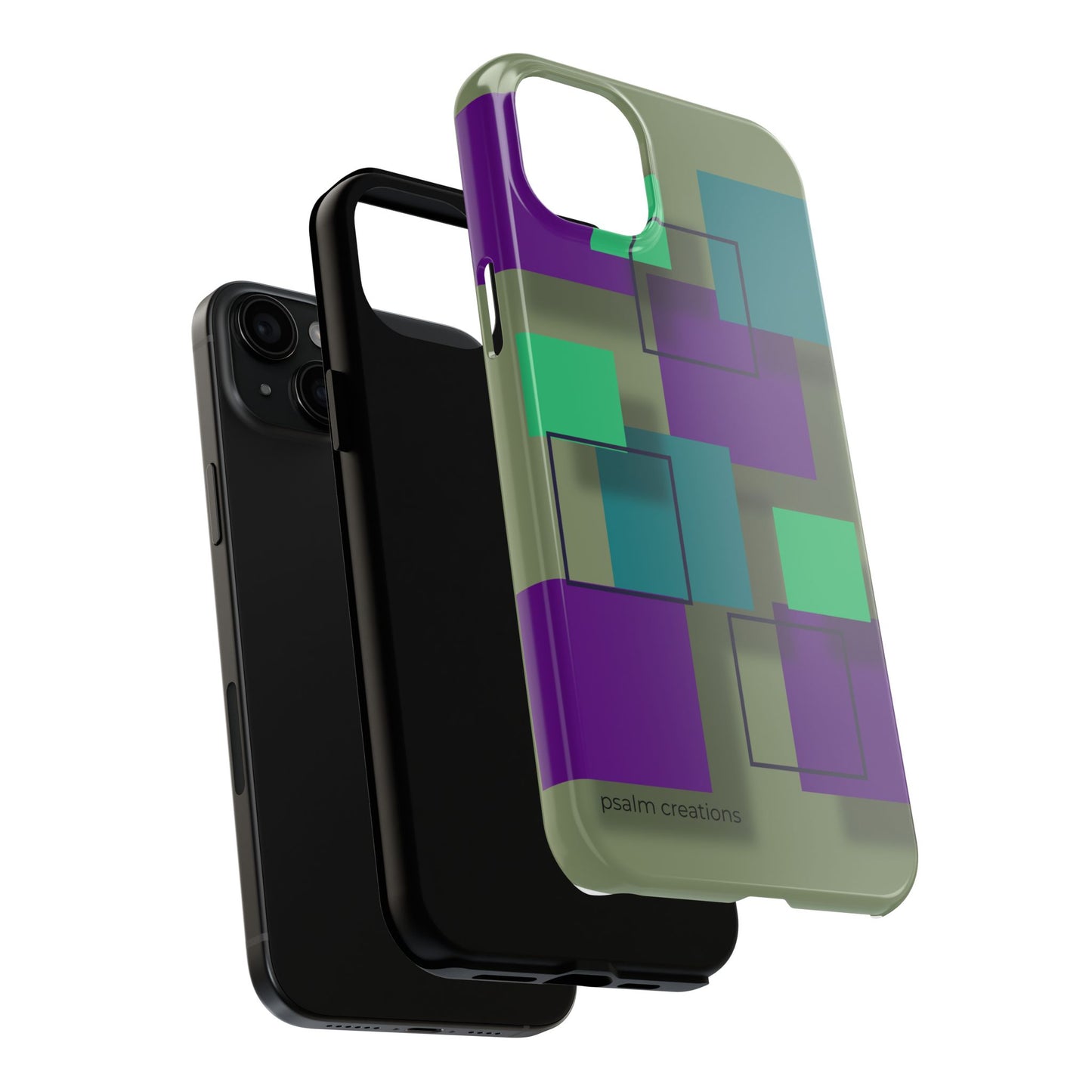 Geometric Olive Green Tough Phone Case – Teal & Purple Square Pattern