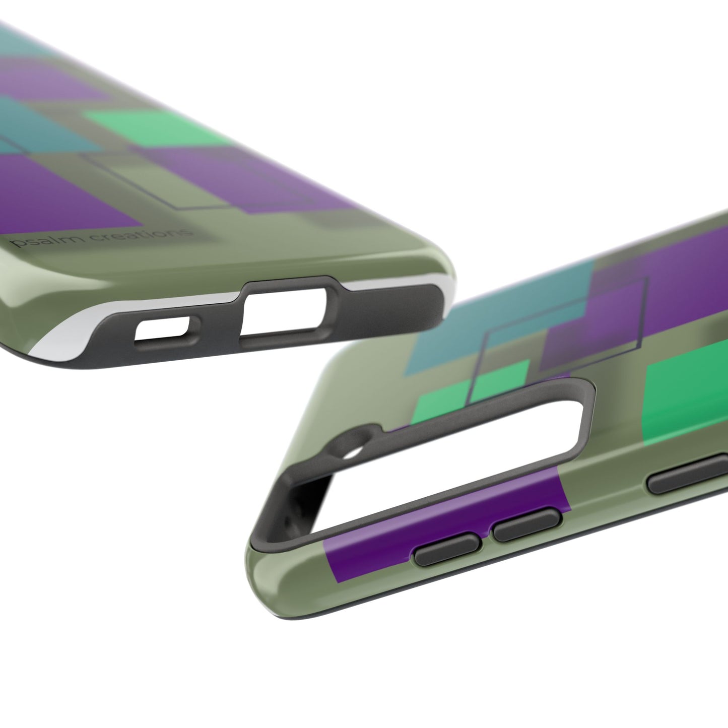 Geometric Olive Green Tough Phone Case – Teal & Purple Square Pattern