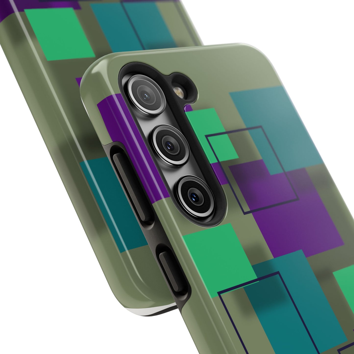 Geometric Olive Green Tough Phone Case – Teal & Purple Square Pattern