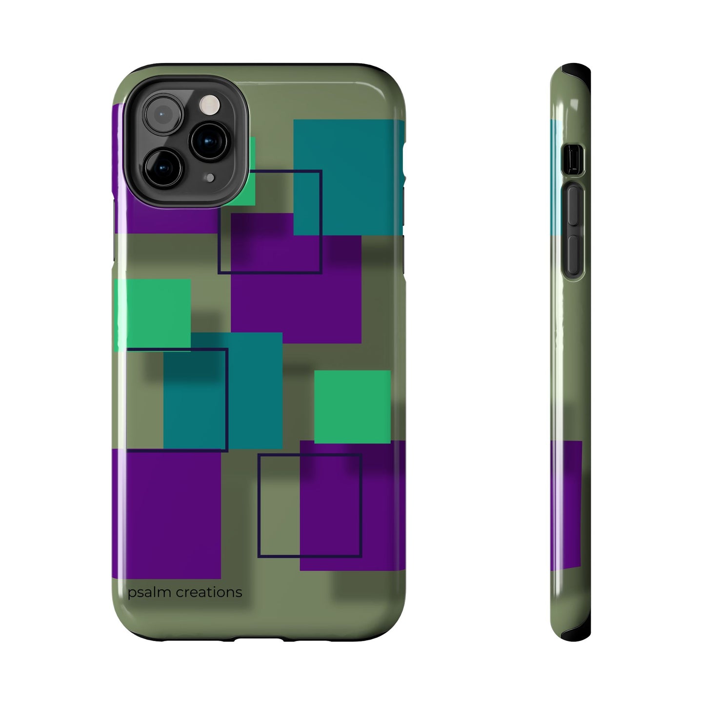 Geometric Olive Green Tough Phone Case – Teal & Purple Square Pattern