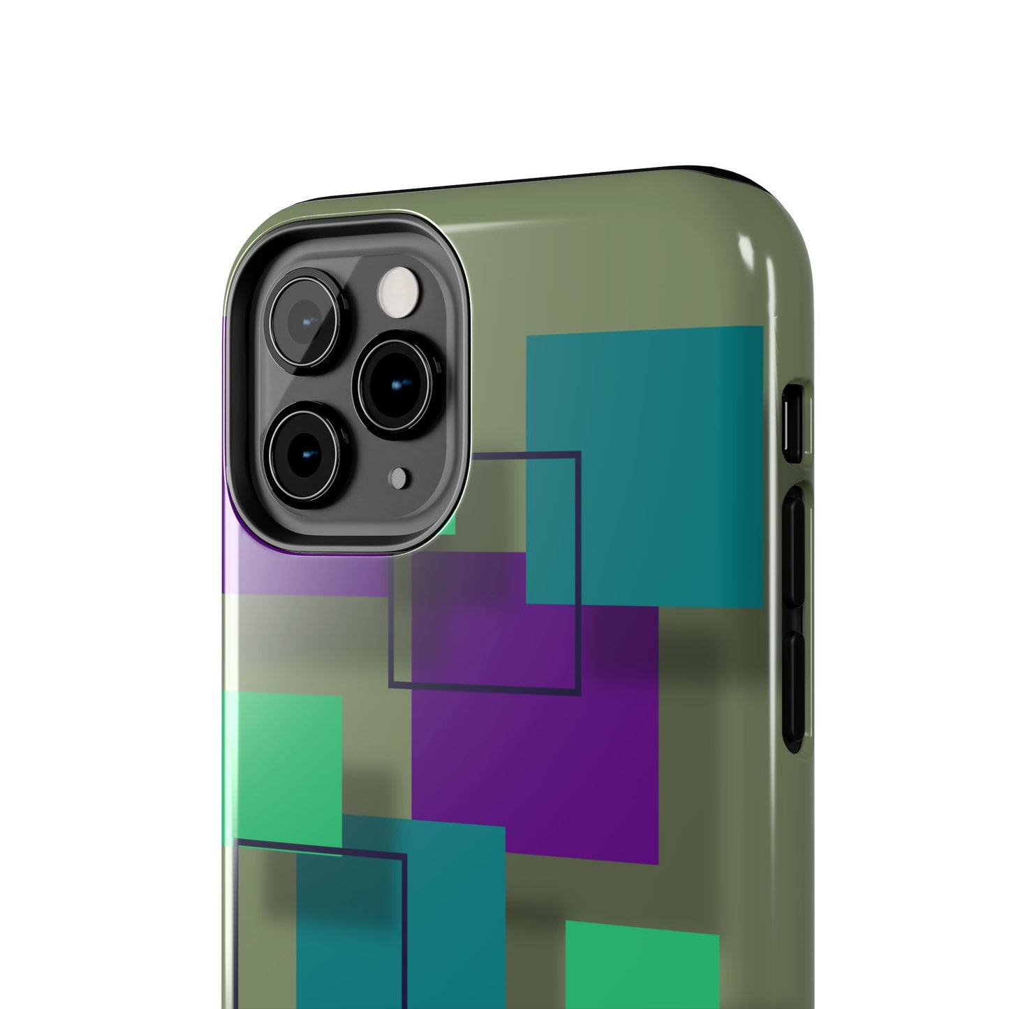 Geometric Olive Green Tough Phone Case – Teal & Purple Square Pattern