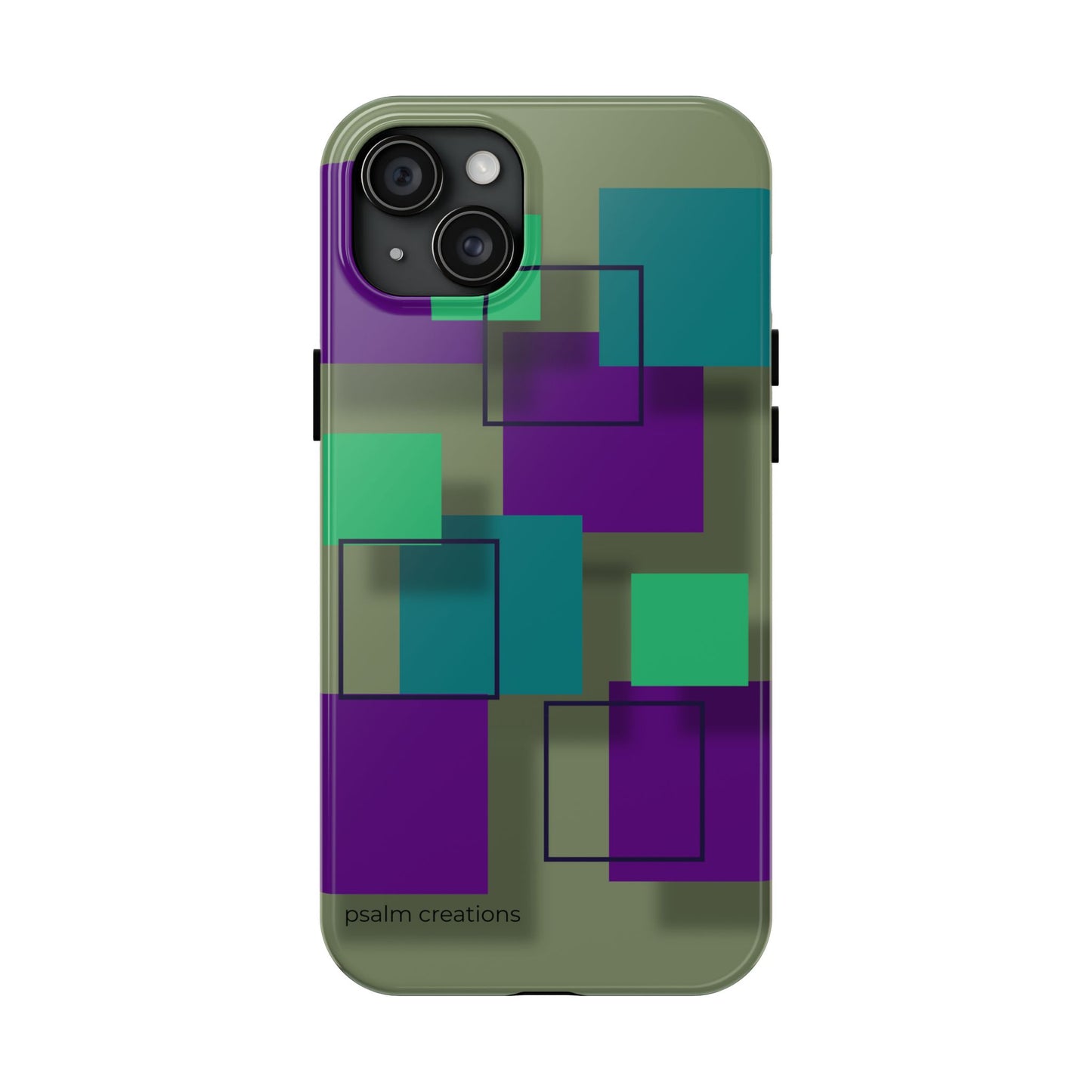 Geometric Olive Green Tough Phone Case – Teal & Purple Square Pattern