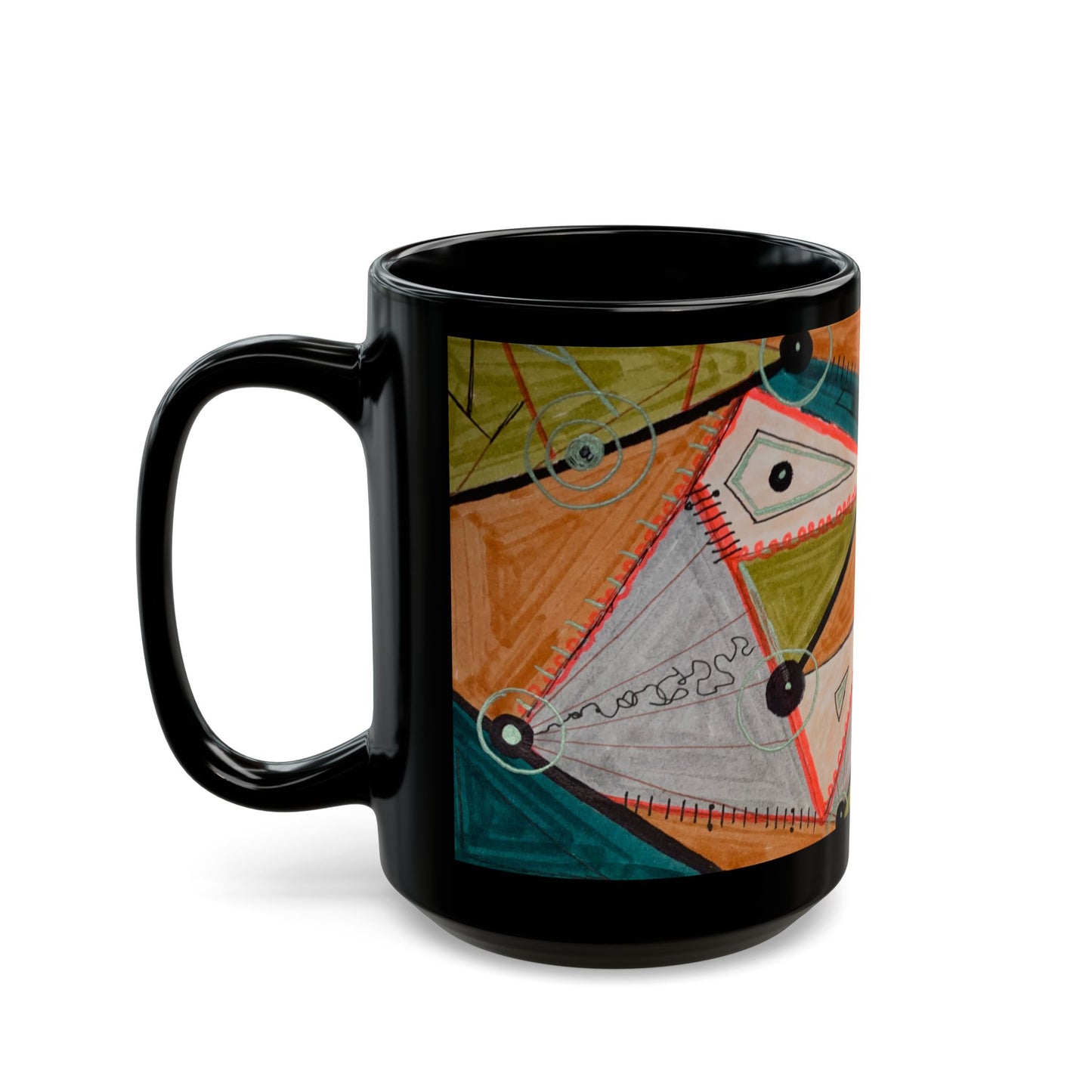 Abstract Geometric Art Mug — Colorful Patterned Black Ceramic Coffee Cup (11oz/15oz)