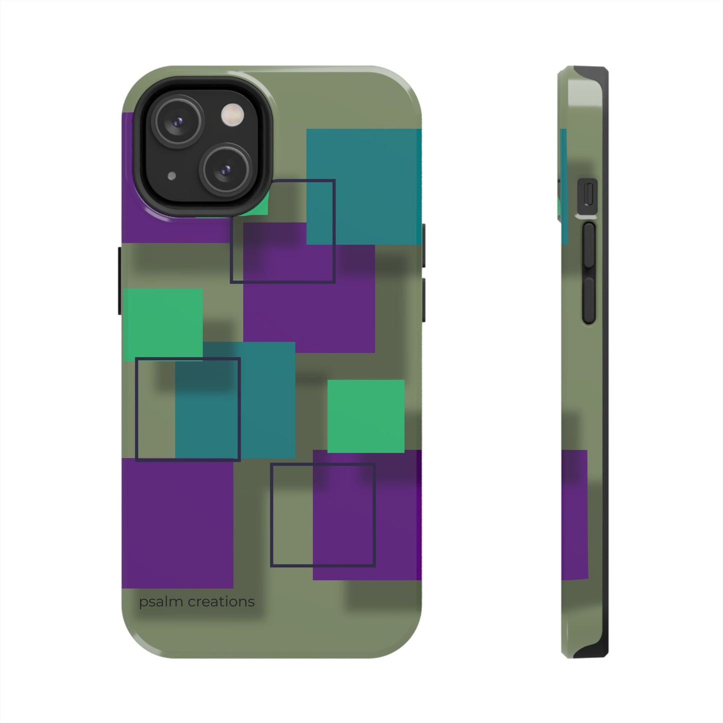 Geometric Olive Green Tough Phone Case – Teal & Purple Square Pattern
