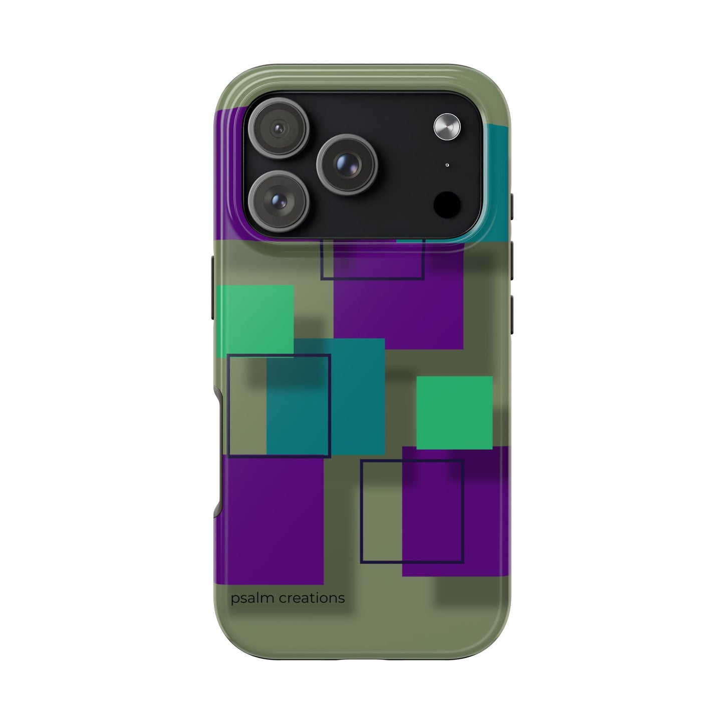 Geometric Olive Green Tough Phone Case – Teal & Purple Square Pattern
