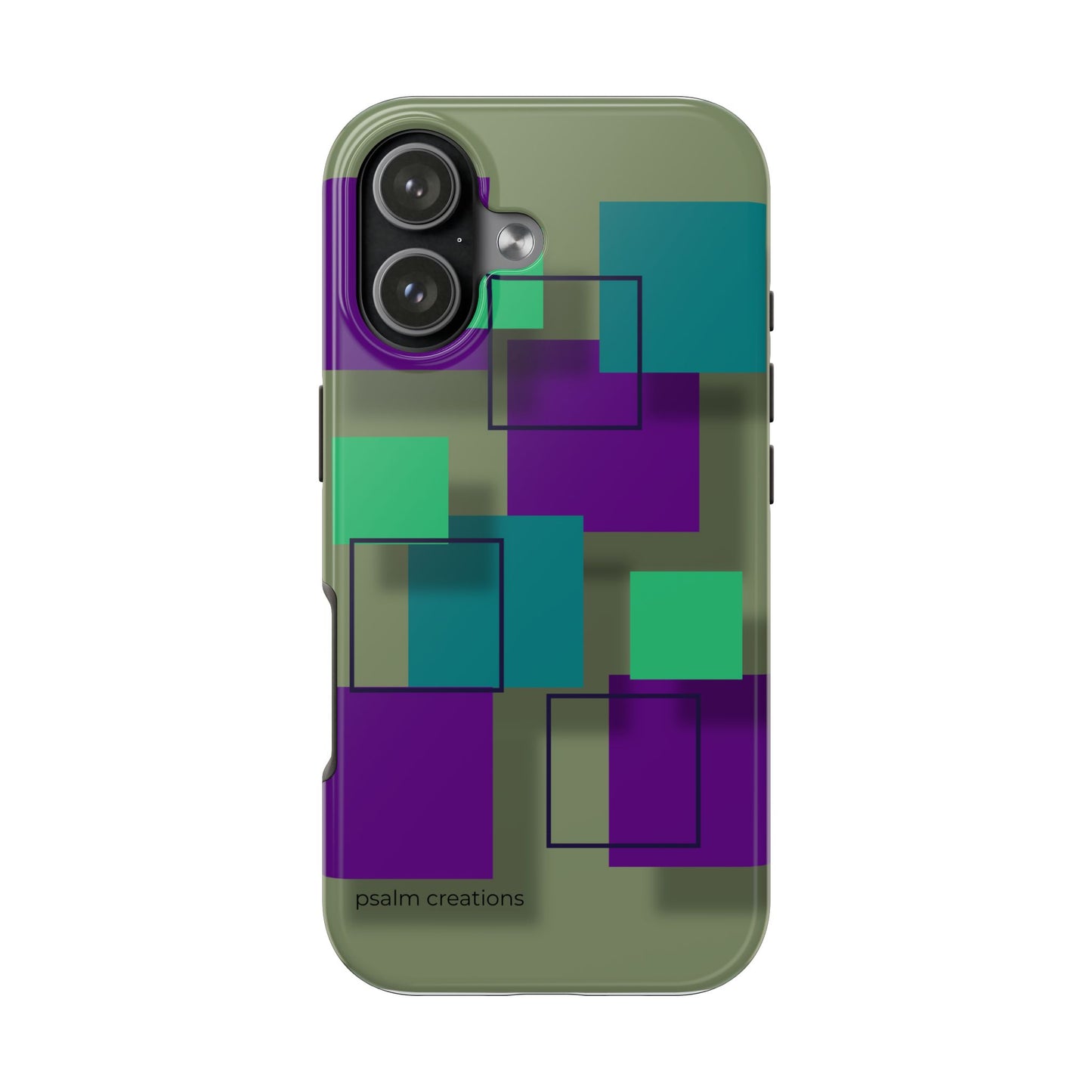 Geometric Olive Green Tough Phone Case – Teal & Purple Square Pattern