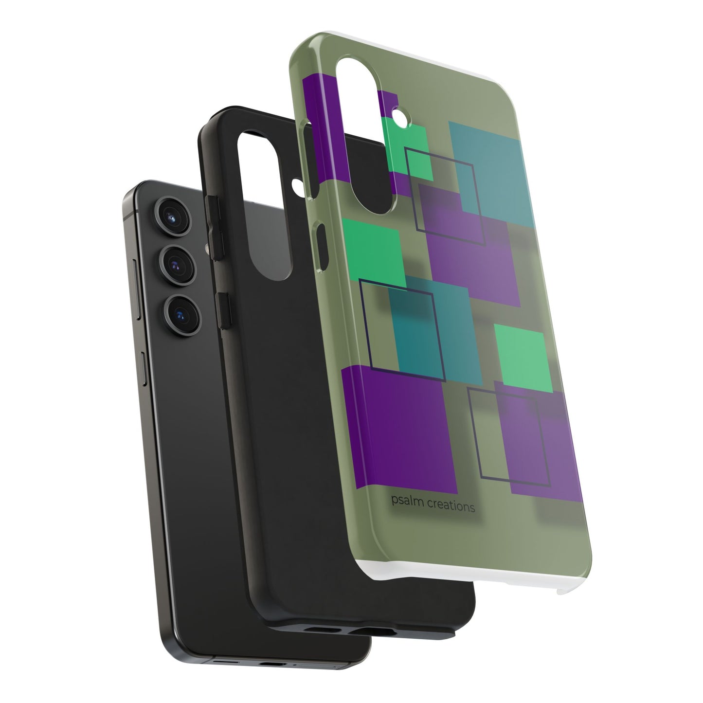 Geometric Olive Green Tough Phone Case – Teal & Purple Square Pattern