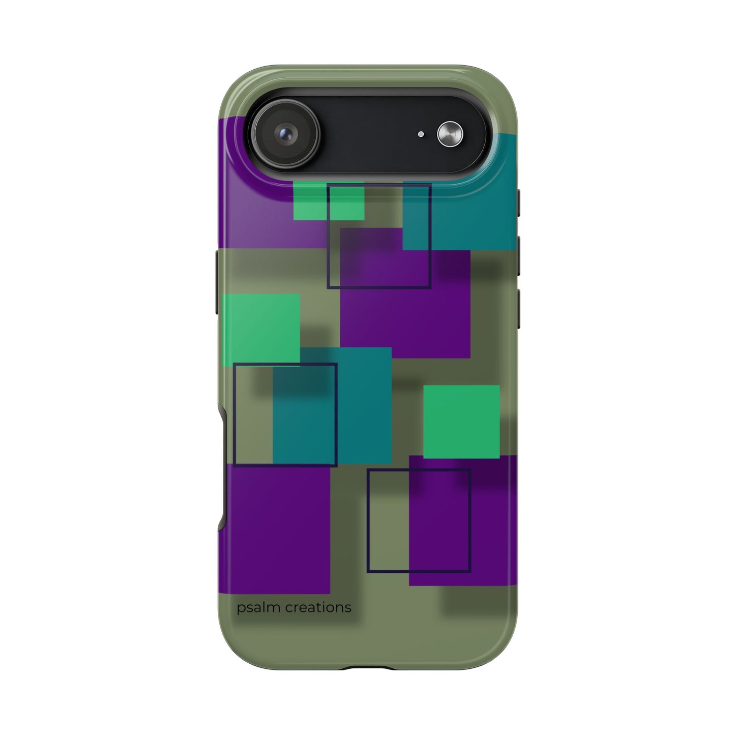 Geometric Olive Green Tough Phone Case – Teal & Purple Square Pattern