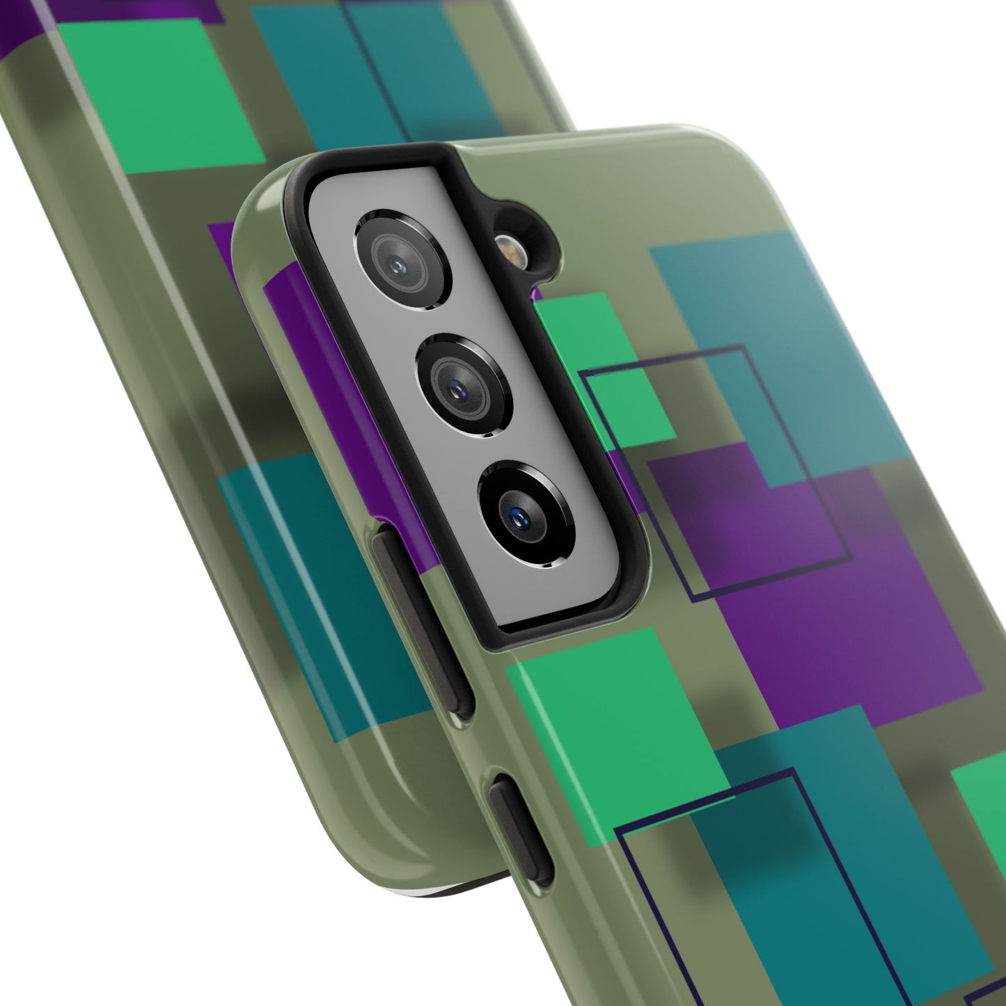 Geometric Olive Green Tough Phone Case – Teal & Purple Square Pattern