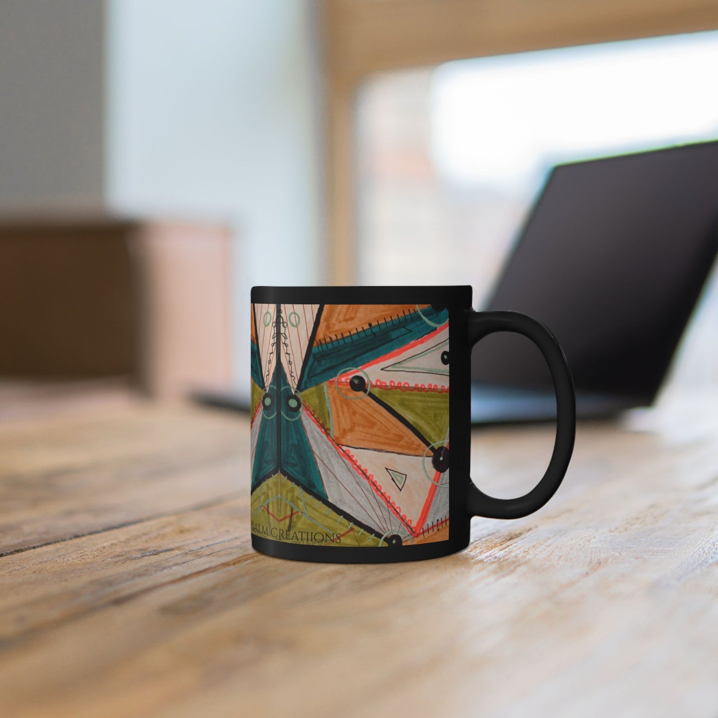 Abstract Geometric Art Mug — Colorful Patterned Black Ceramic Coffee Cup (11oz/15oz)