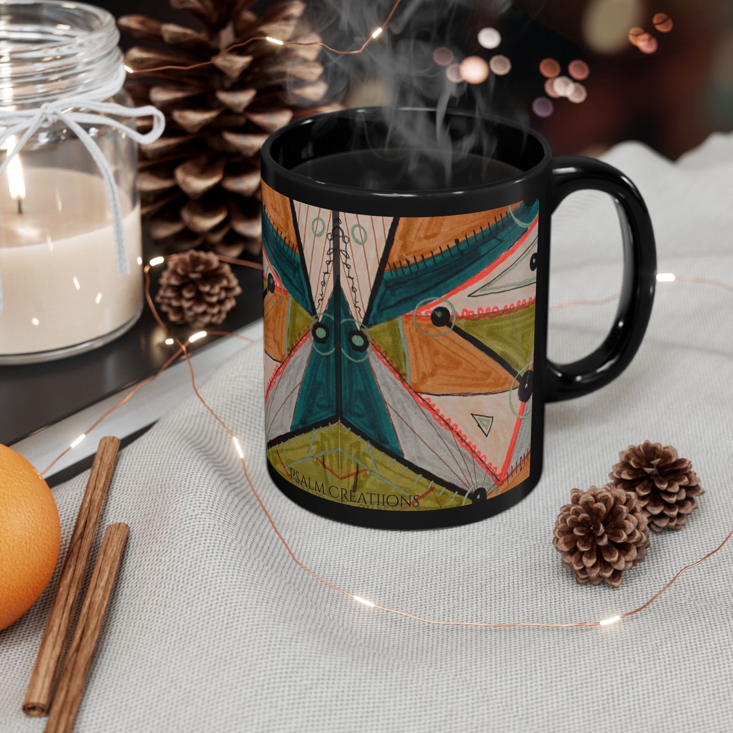 Abstract Geometric Art Mug — Colorful Patterned Black Ceramic Coffee Cup (11oz/15oz)