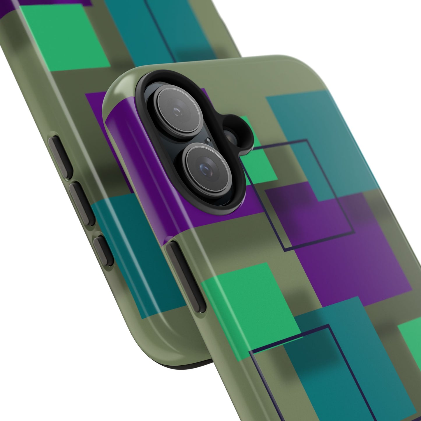 Geometric Olive Green Tough Phone Case – Teal & Purple Square Pattern