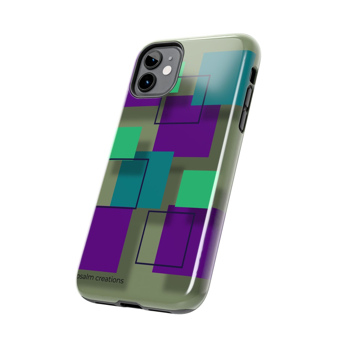Geometric Olive Green Tough Phone Case – Teal & Purple Square Pattern