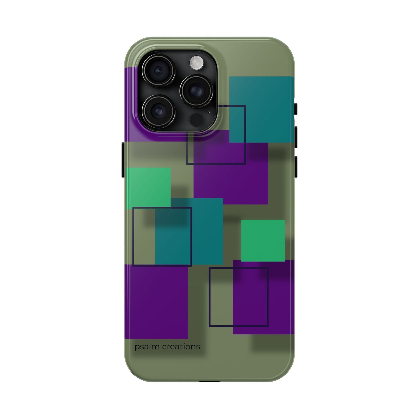 Geometric Olive Green Tough Phone Case – Teal & Purple Square Pattern