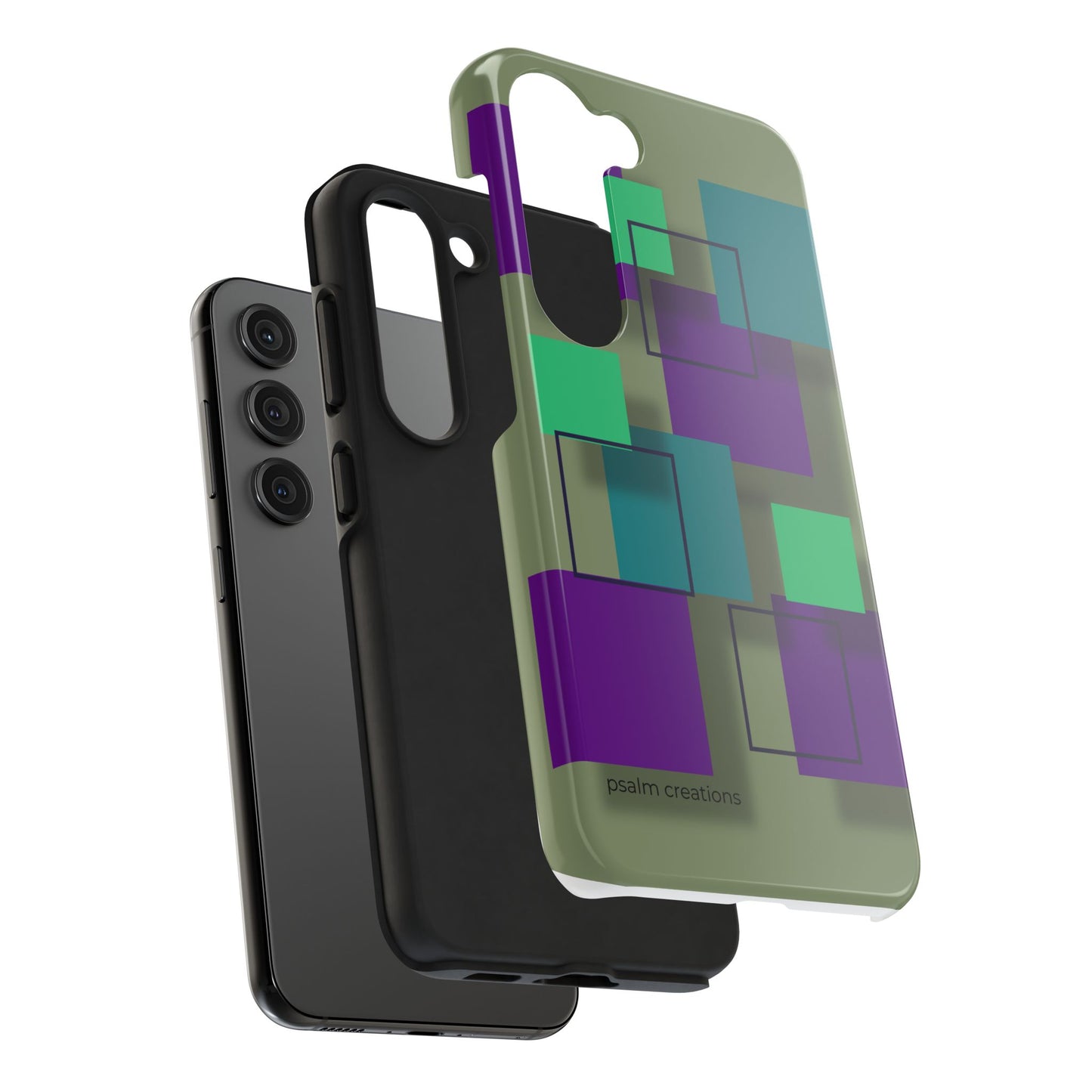 Geometric Olive Green Tough Phone Case – Teal & Purple Square Pattern