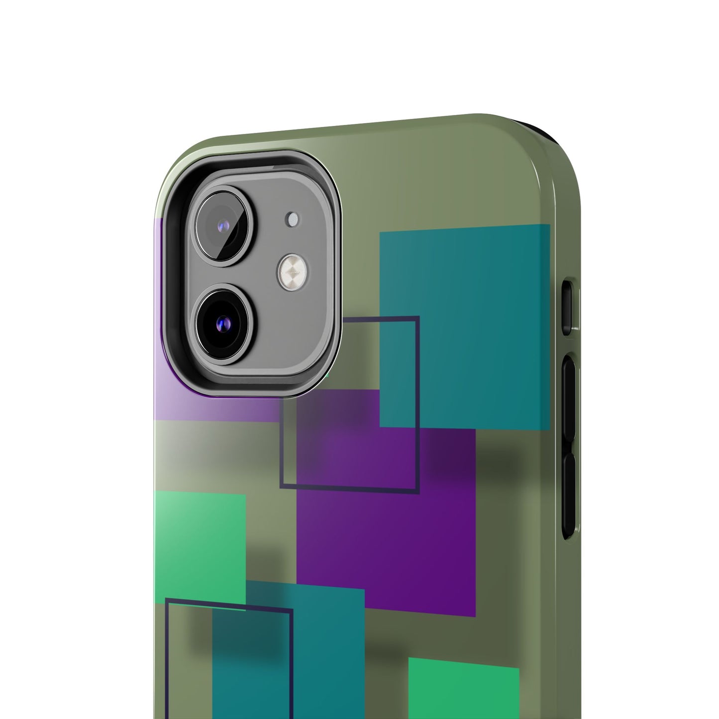 Geometric Olive Green Tough Phone Case – Teal & Purple Square Pattern