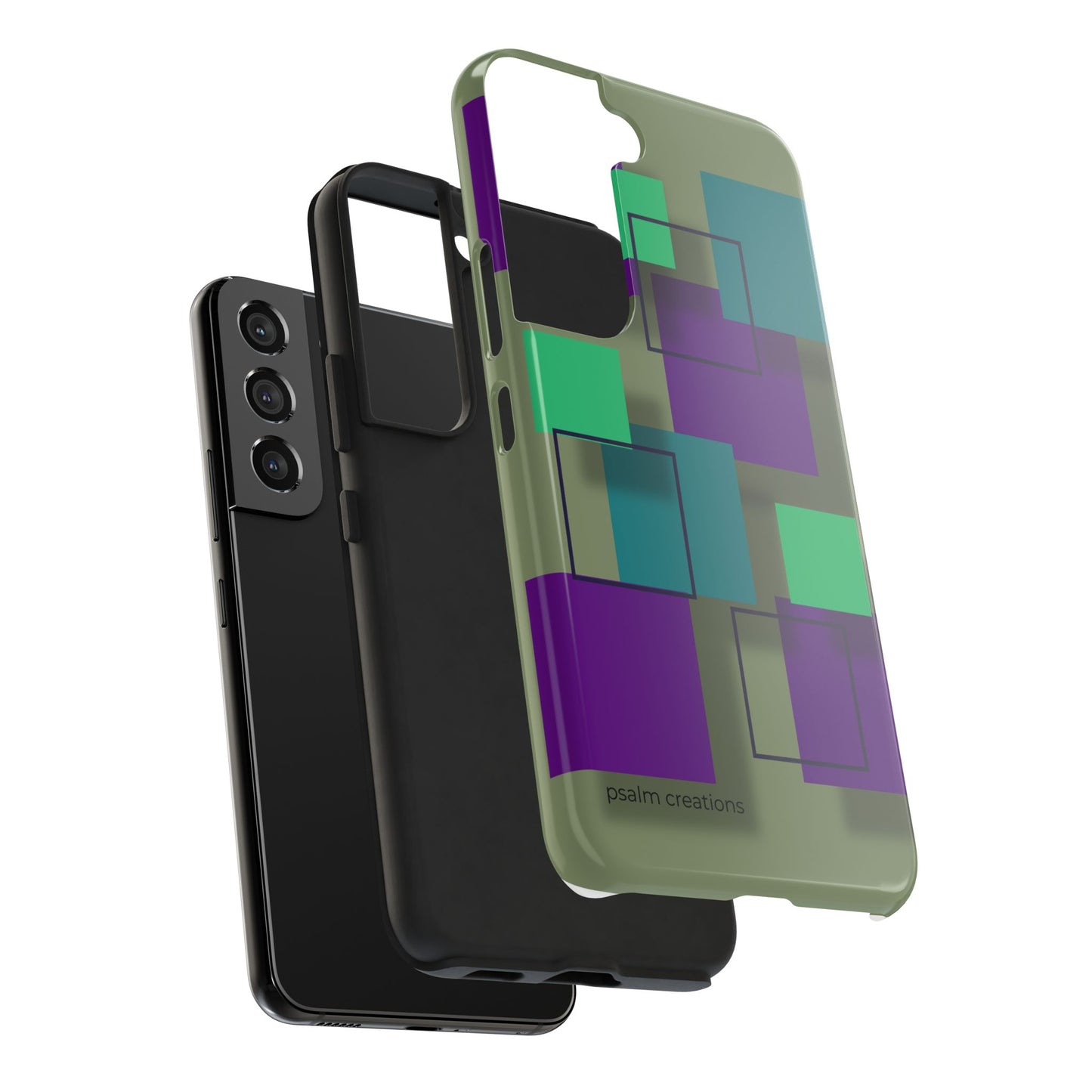 Geometric Olive Green Tough Phone Case – Teal & Purple Square Pattern