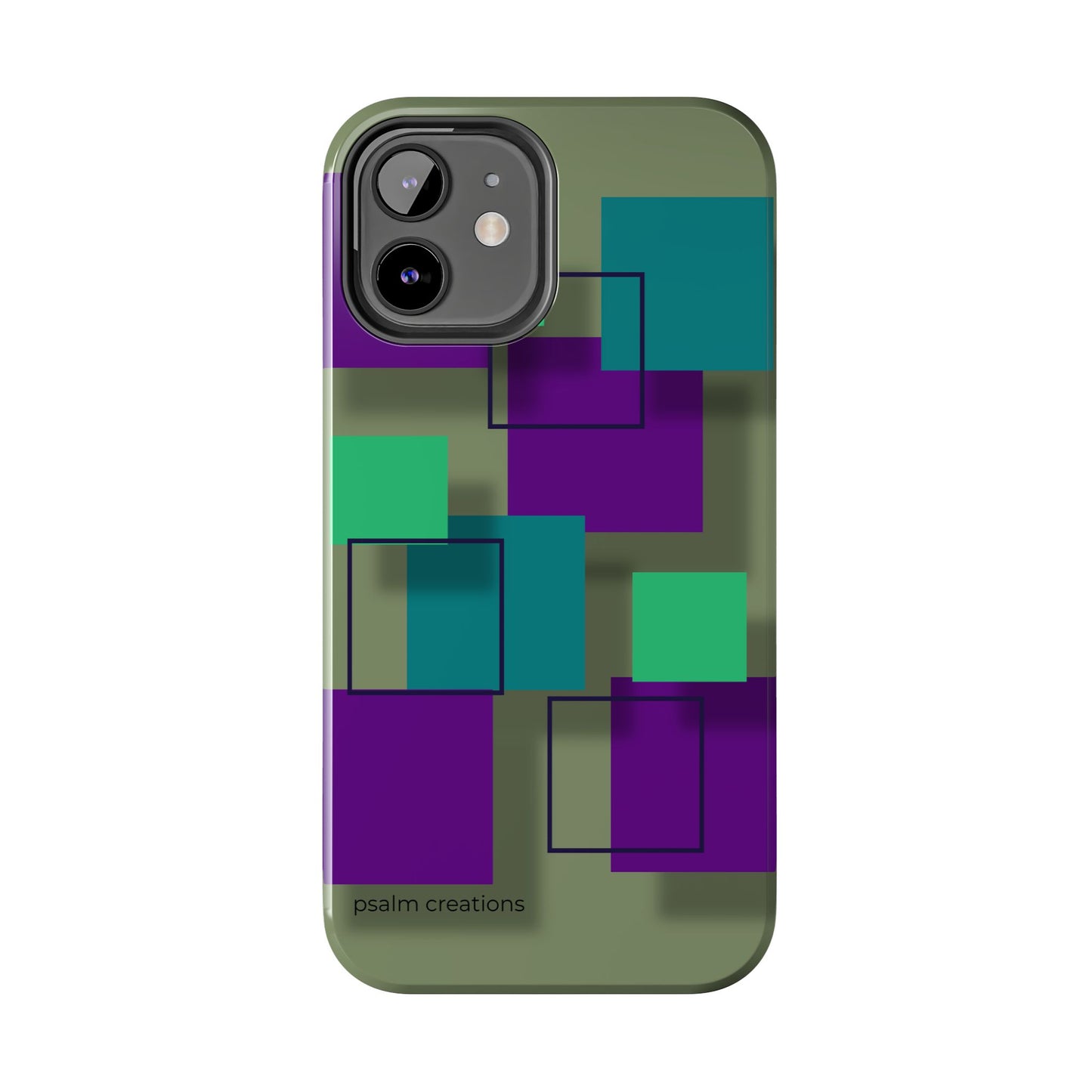 Geometric Olive Green Tough Phone Case – Teal & Purple Square Pattern