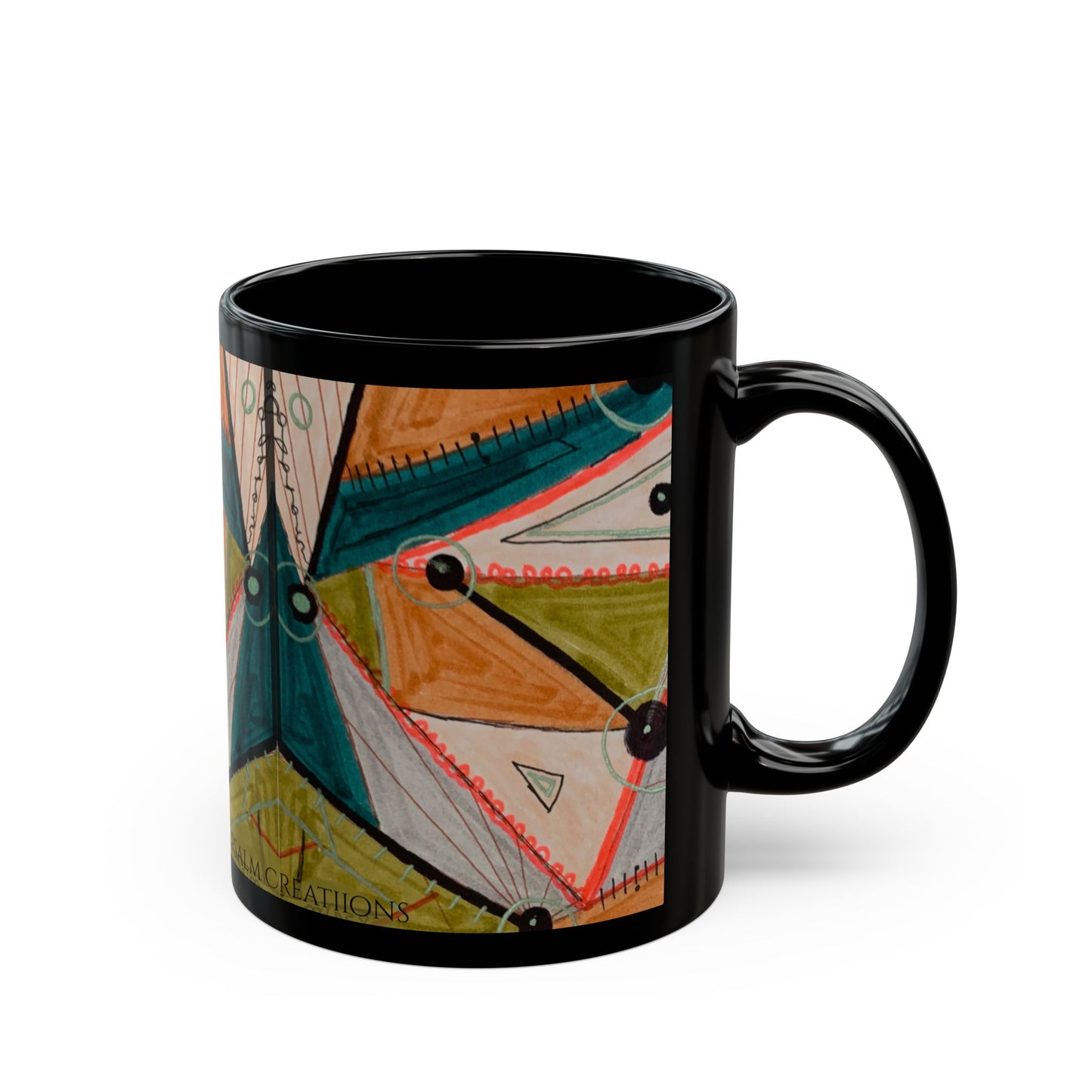 Abstract Geometric Art Mug — Colorful Patterned Black Ceramic Coffee Cup (11oz/15oz)
