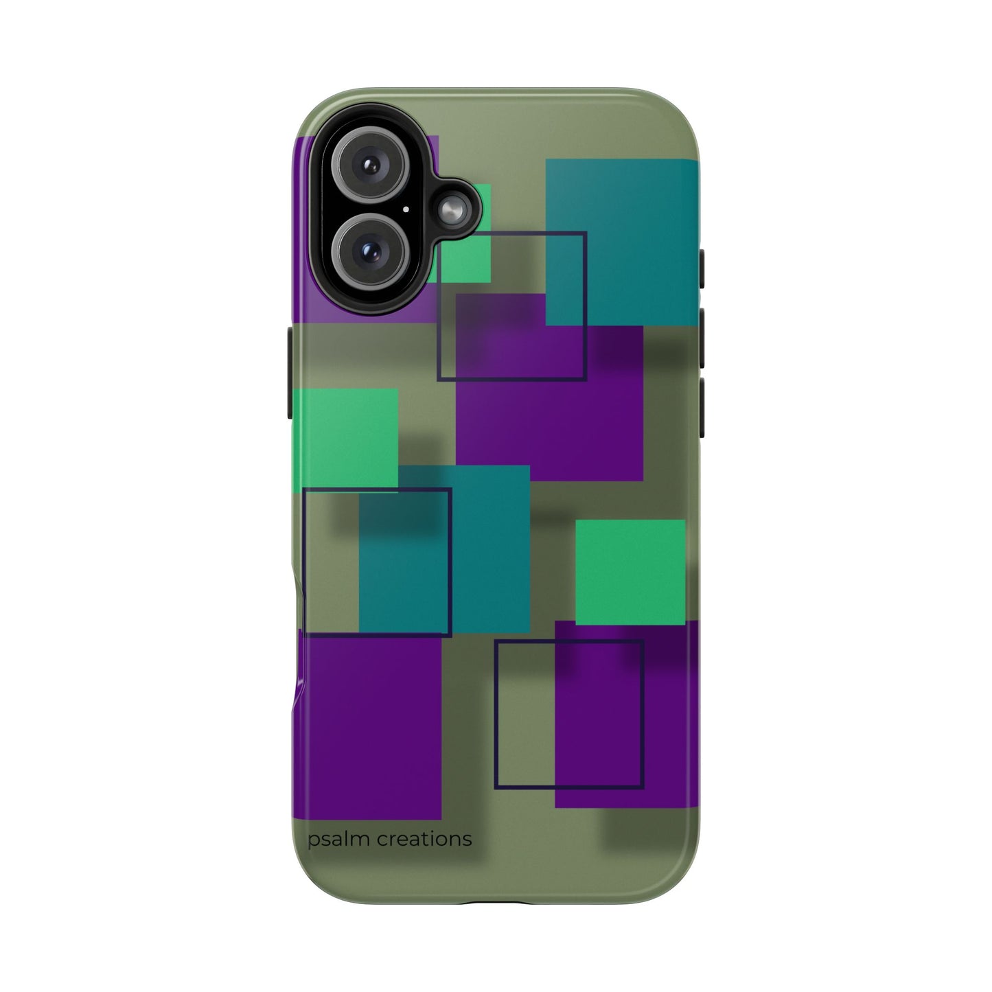 Geometric Olive Green Tough Phone Case – Teal & Purple Square Pattern