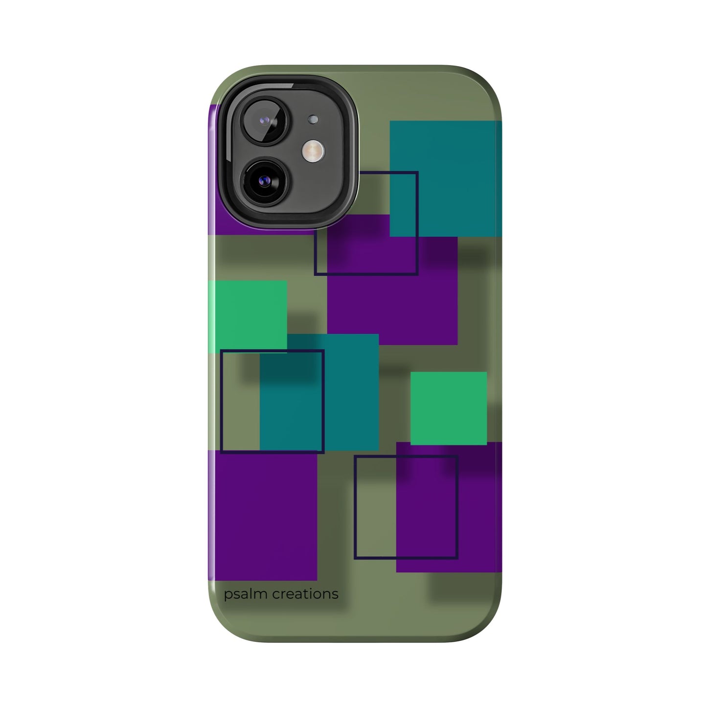 Geometric Olive Green Tough Phone Case – Teal & Purple Square Pattern