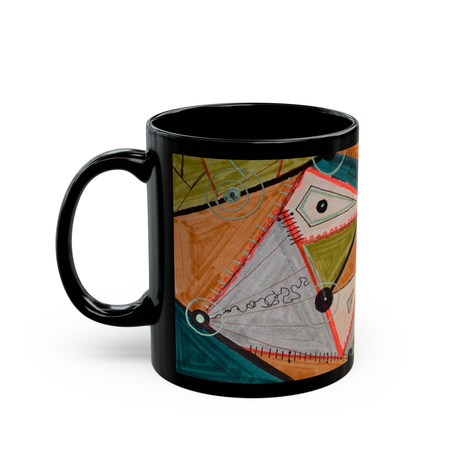 Abstract Geometric Art Mug — Colorful Patterned Black Ceramic Coffee Cup (11oz/15oz)