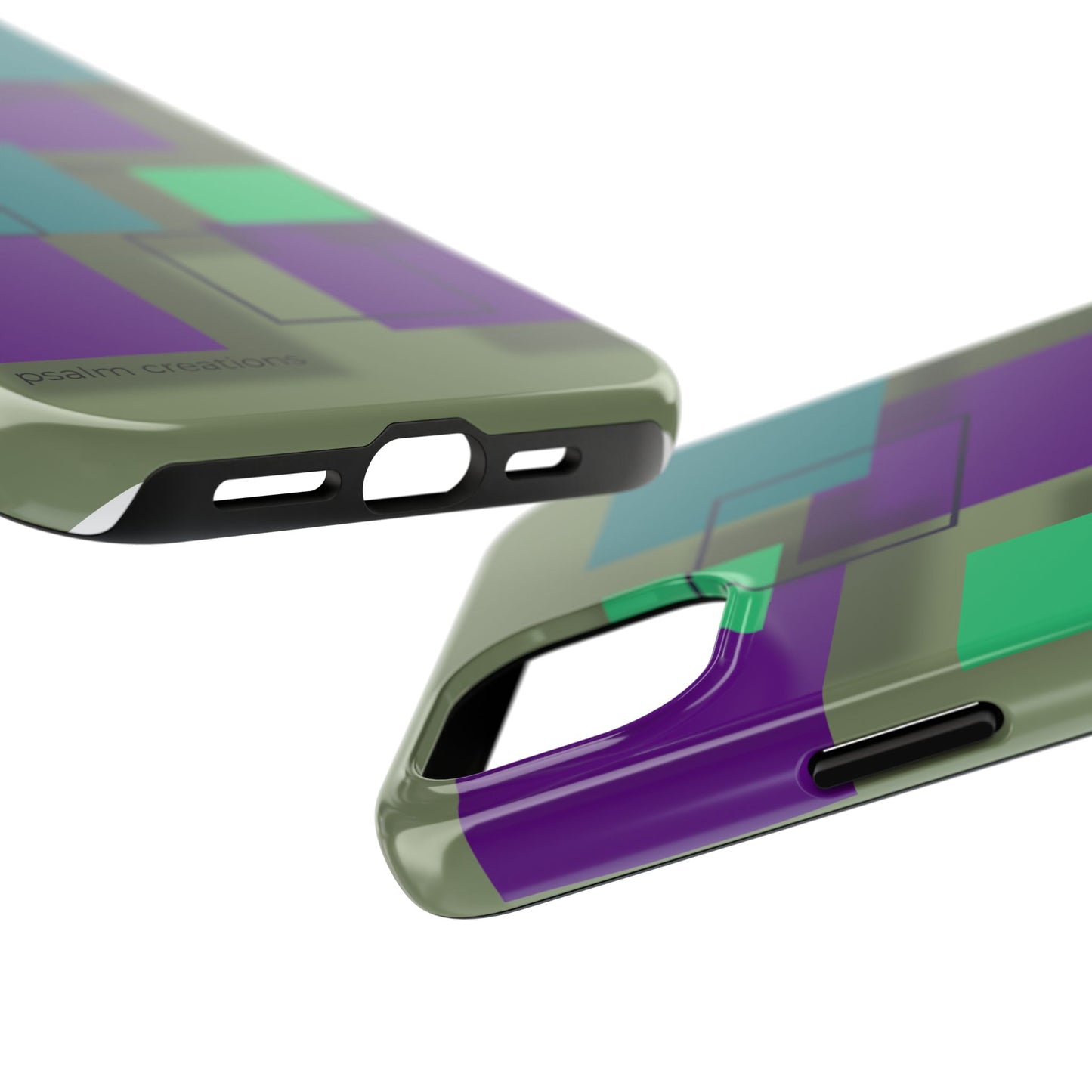 Geometric Olive Green Tough Phone Case – Teal & Purple Square Pattern