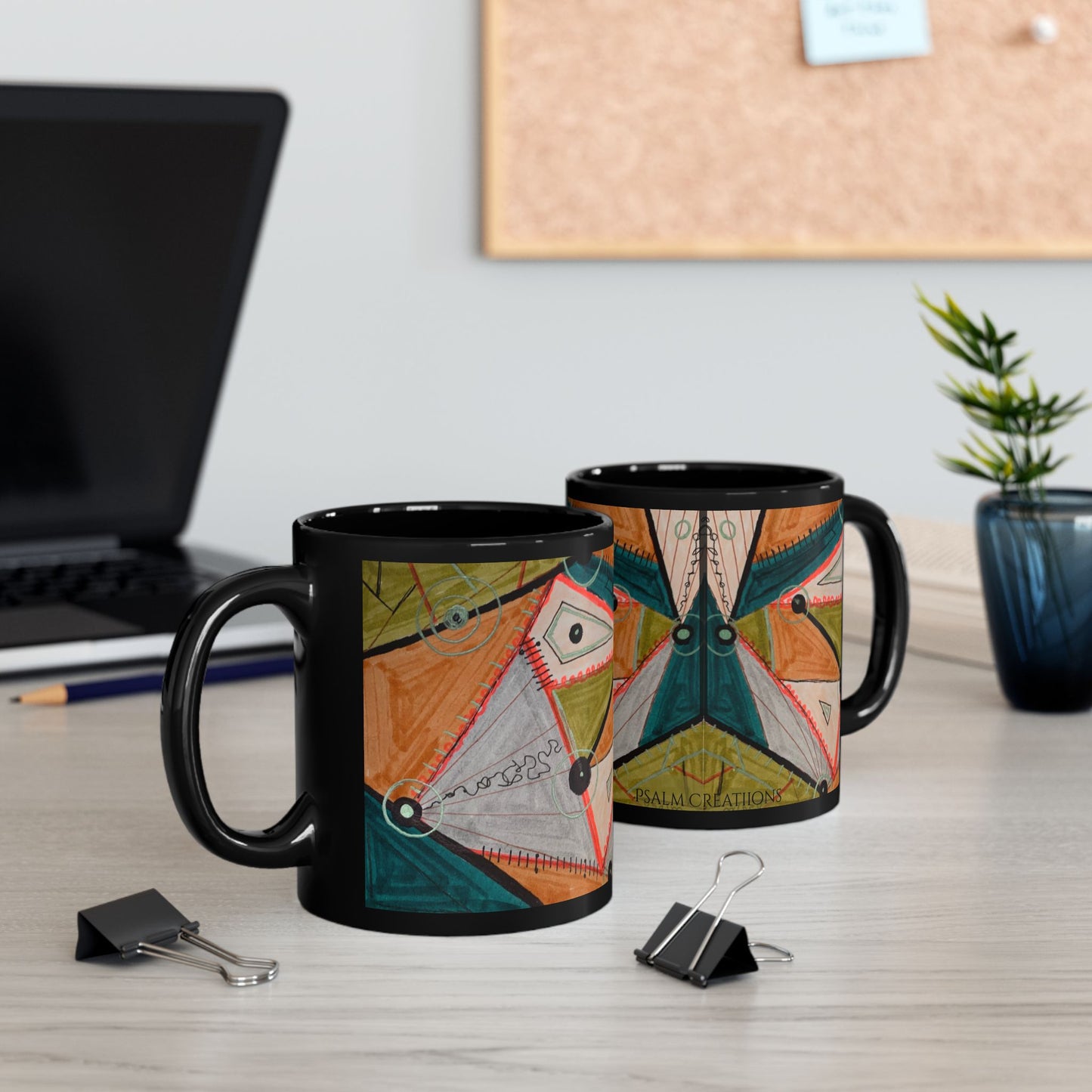 Abstract Geometric Art Mug — Colorful Patterned Black Ceramic Coffee Cup (11oz/15oz)
