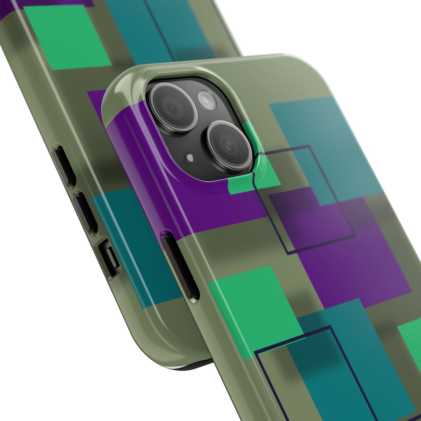 Geometric Olive Green Tough Phone Case – Teal & Purple Square Pattern