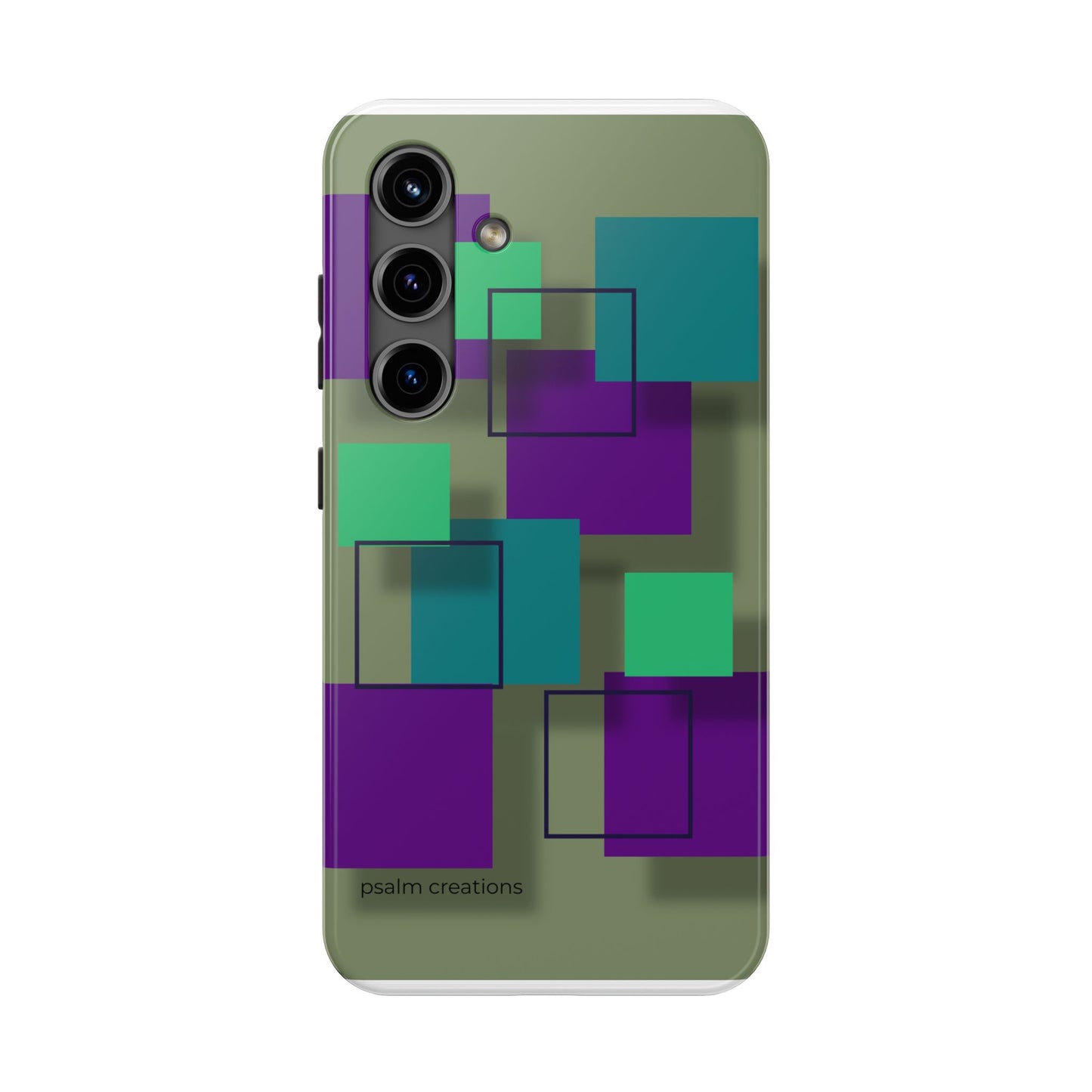 Geometric Olive Green Tough Phone Case – Teal & Purple Square Pattern