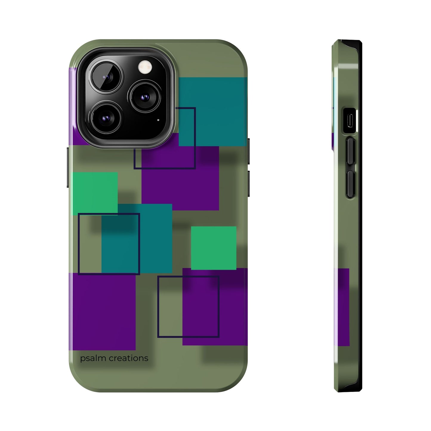 Geometric Olive Green Tough Phone Case – Teal & Purple Square Pattern