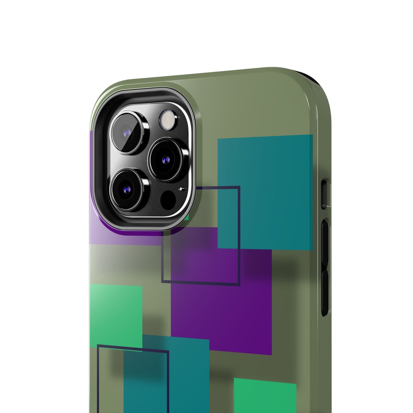 Geometric Olive Green Tough Phone Case – Teal & Purple Square Pattern