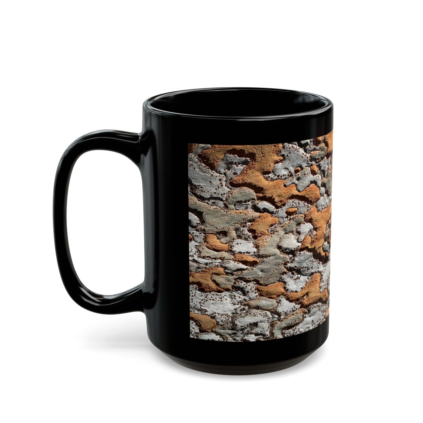 Rustic Birch Bark Pattern Mug — Nature-Inspired Black Ceramic Coffee Cup (11oz/15oz)
