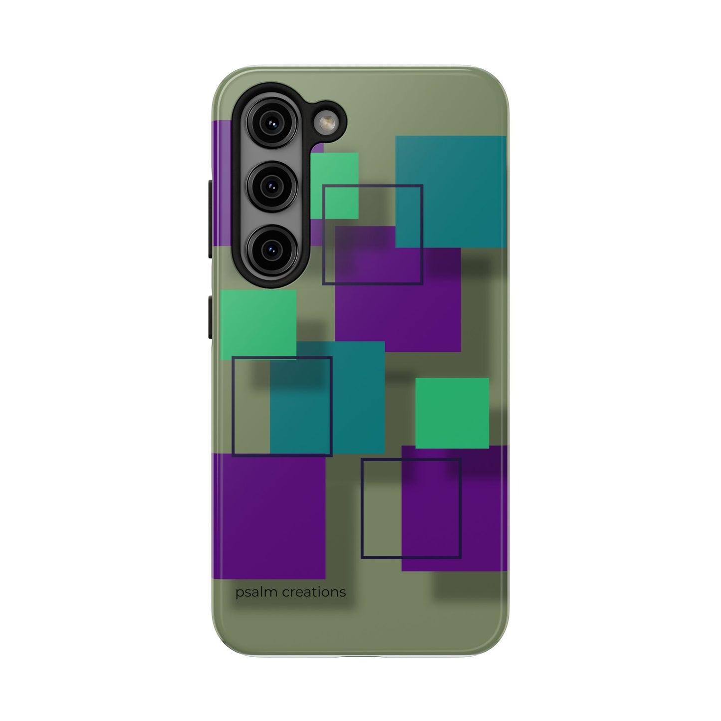 Geometric Olive Green Tough Phone Case – Teal & Purple Square Pattern