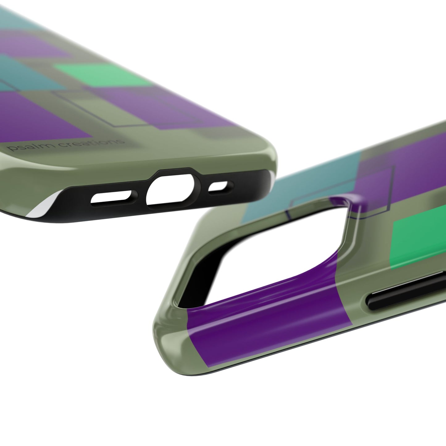 Geometric Olive Green Tough Phone Case – Teal & Purple Square Pattern