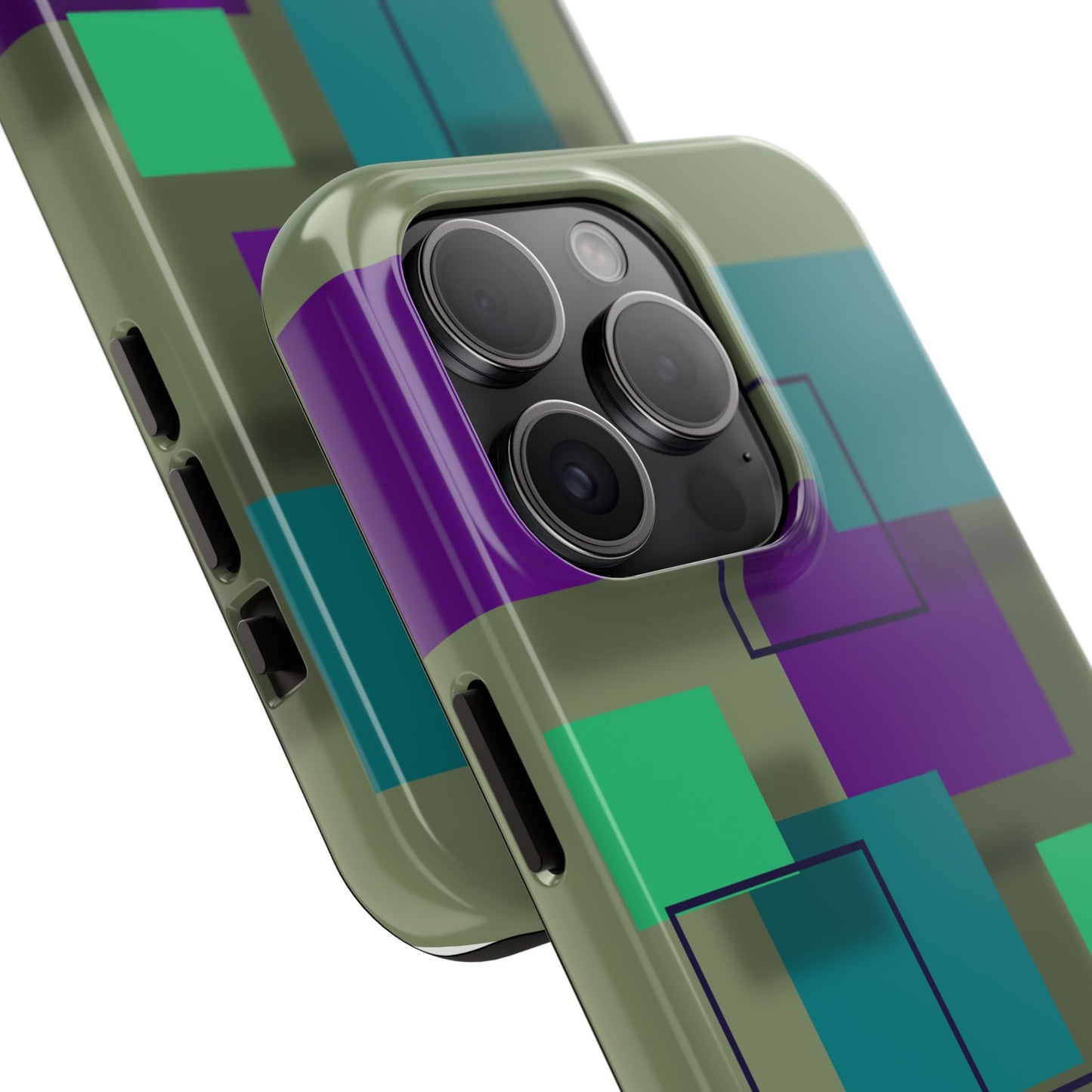 Geometric Olive Green Tough Phone Case – Teal & Purple Square Pattern