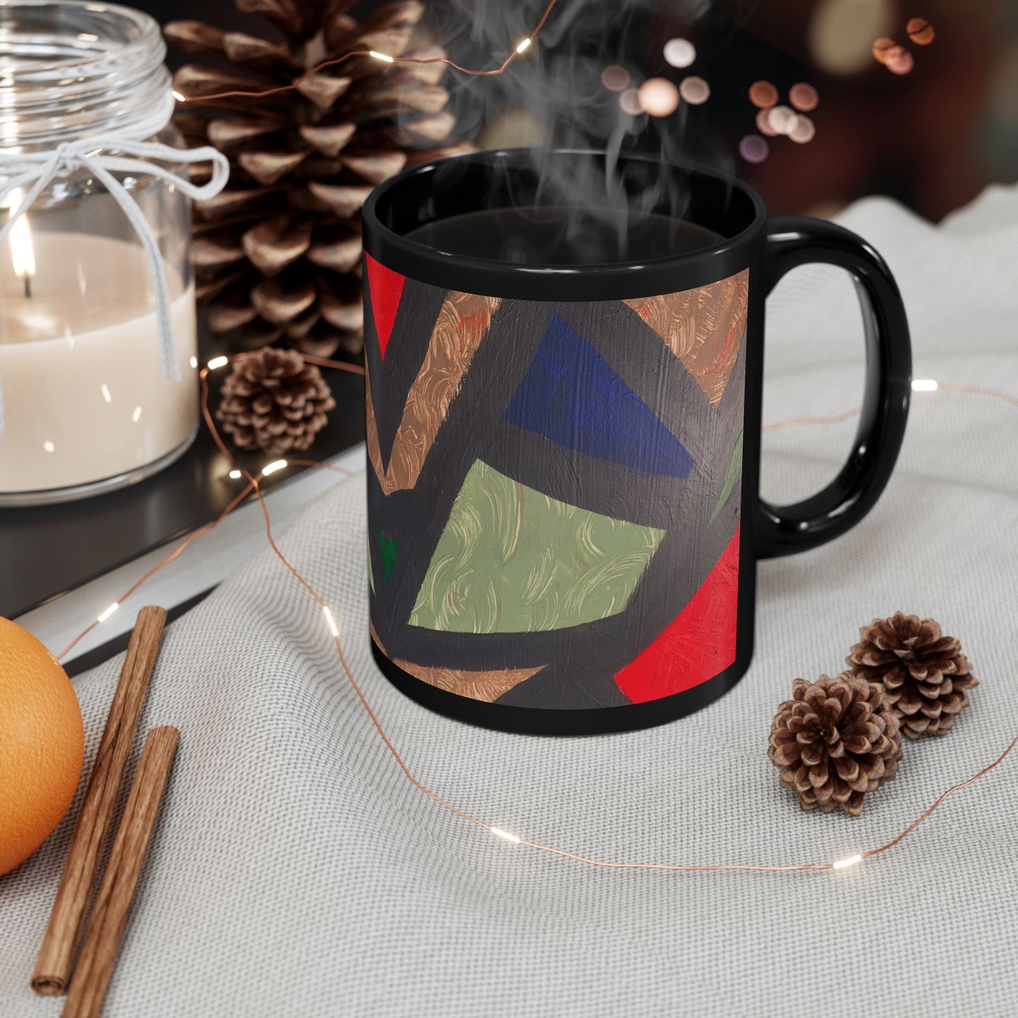 Geometric Tribal Pattern Black Mug — Bold Abstract Art Coffee Cup (11oz/15oz)