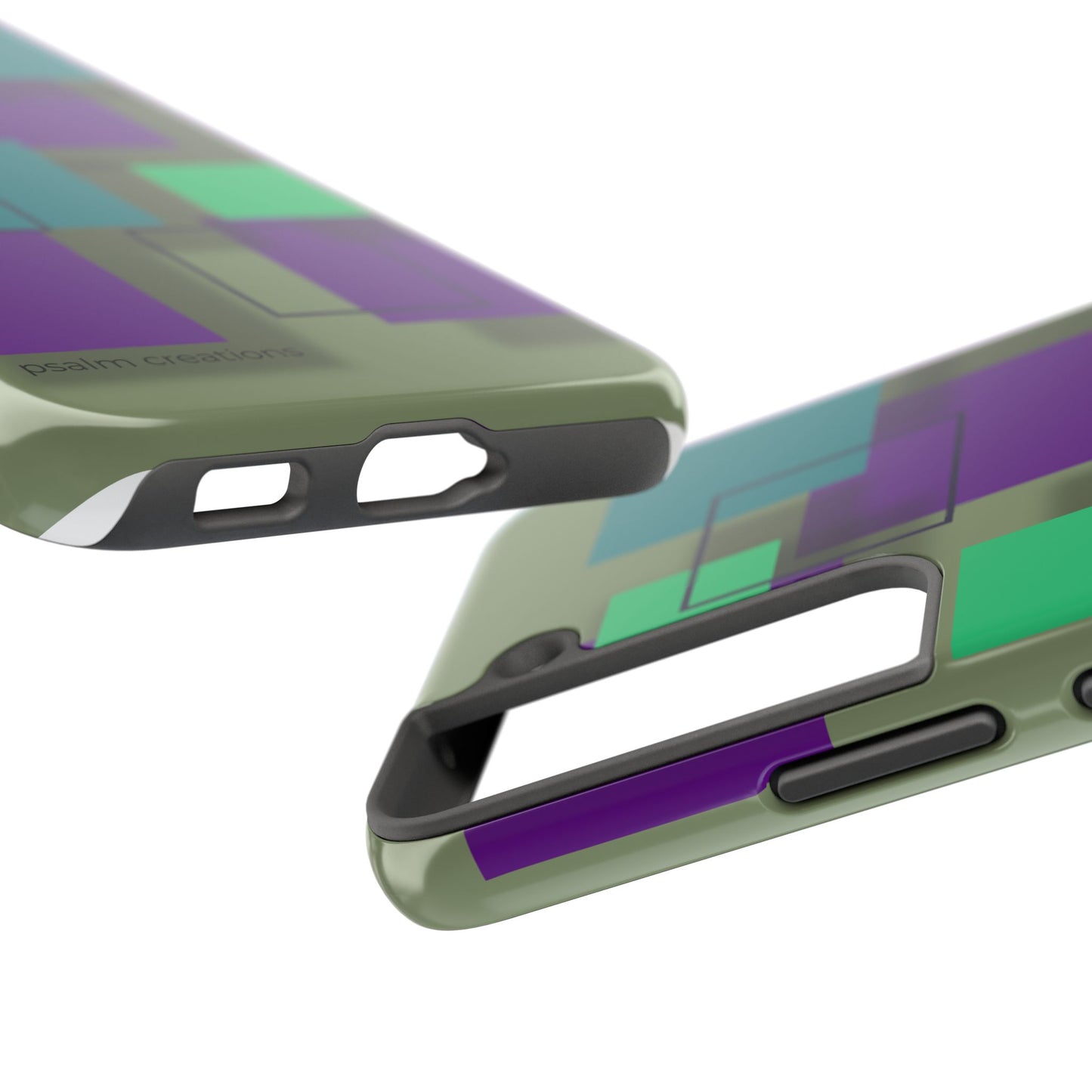 Geometric Olive Green Tough Phone Case – Teal & Purple Square Pattern