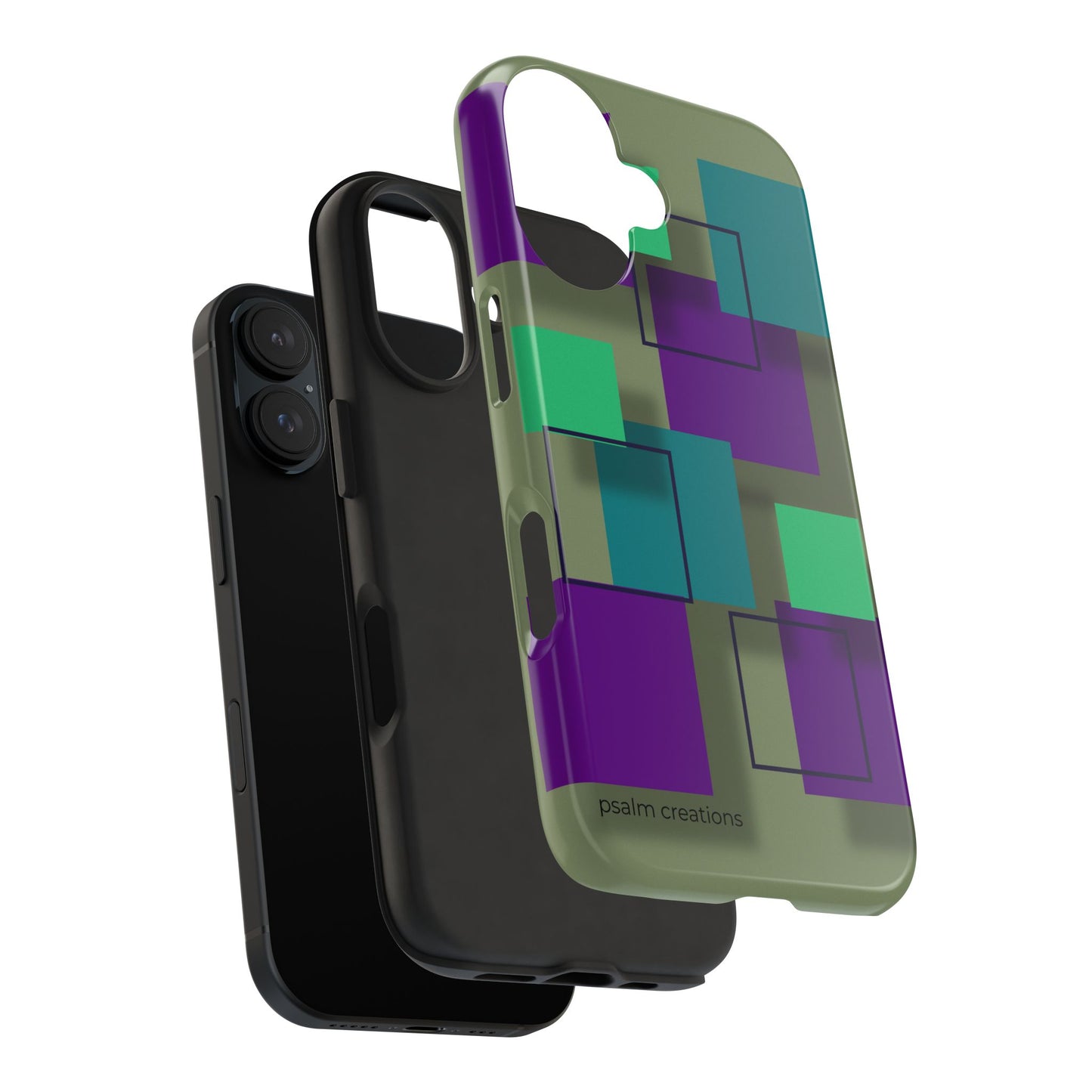 Geometric Olive Green Tough Phone Case – Teal & Purple Square Pattern