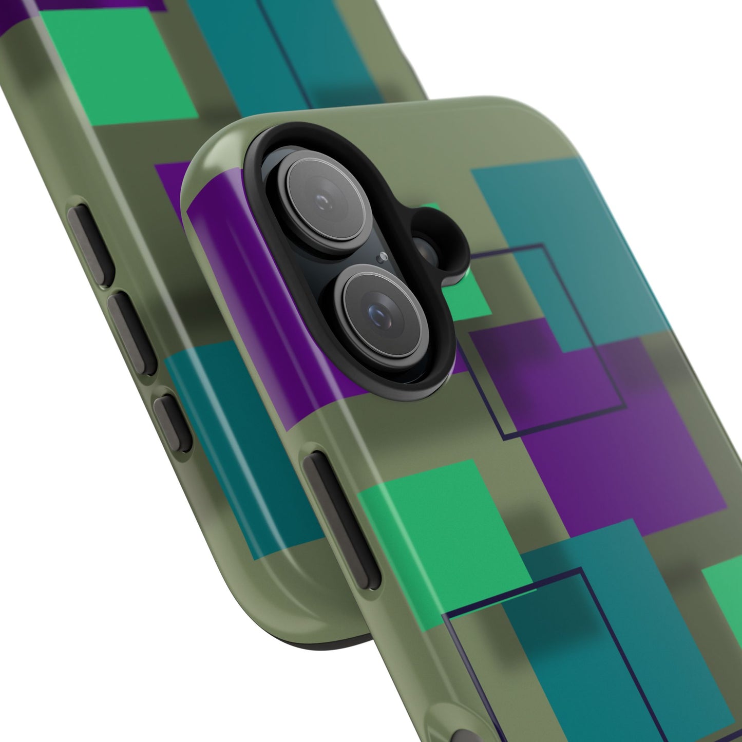 Geometric Olive Green Tough Phone Case – Teal & Purple Square Pattern