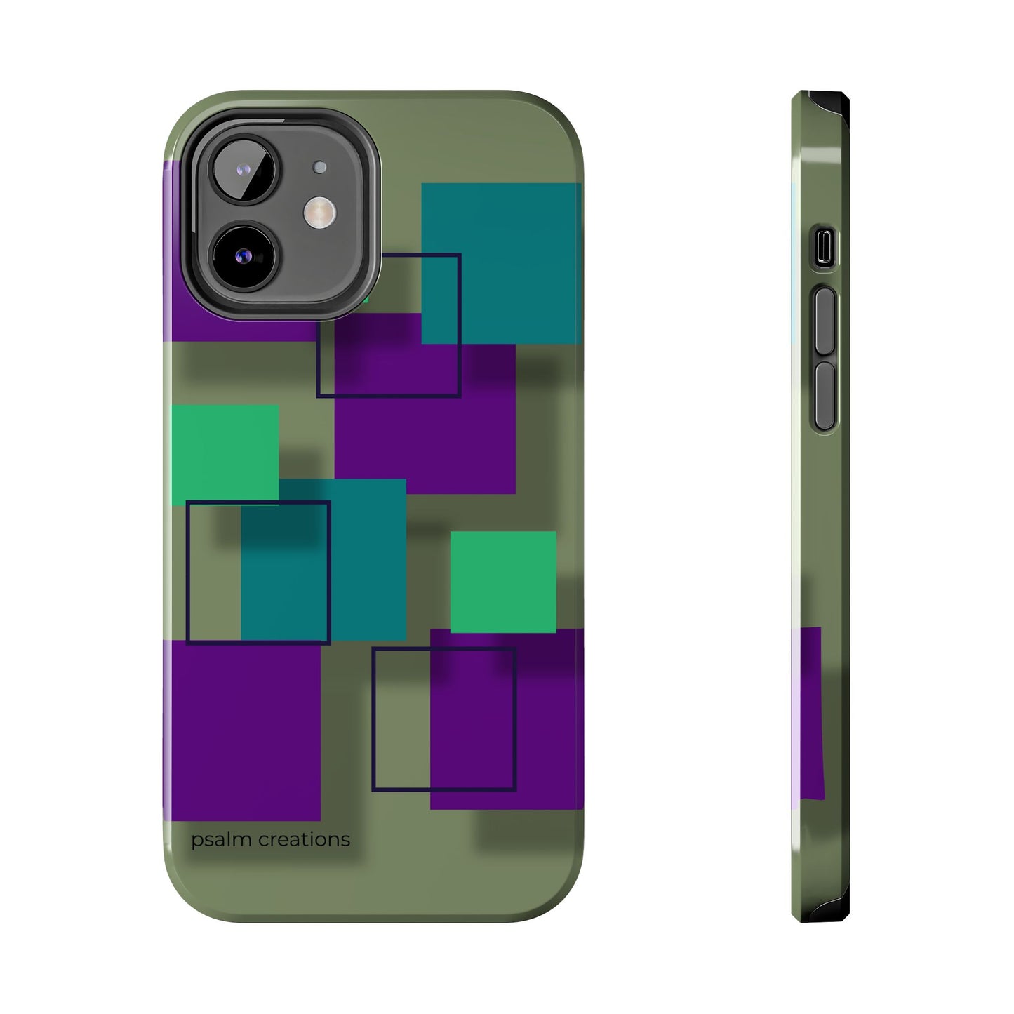 Geometric Olive Green Tough Phone Case – Teal & Purple Square Pattern