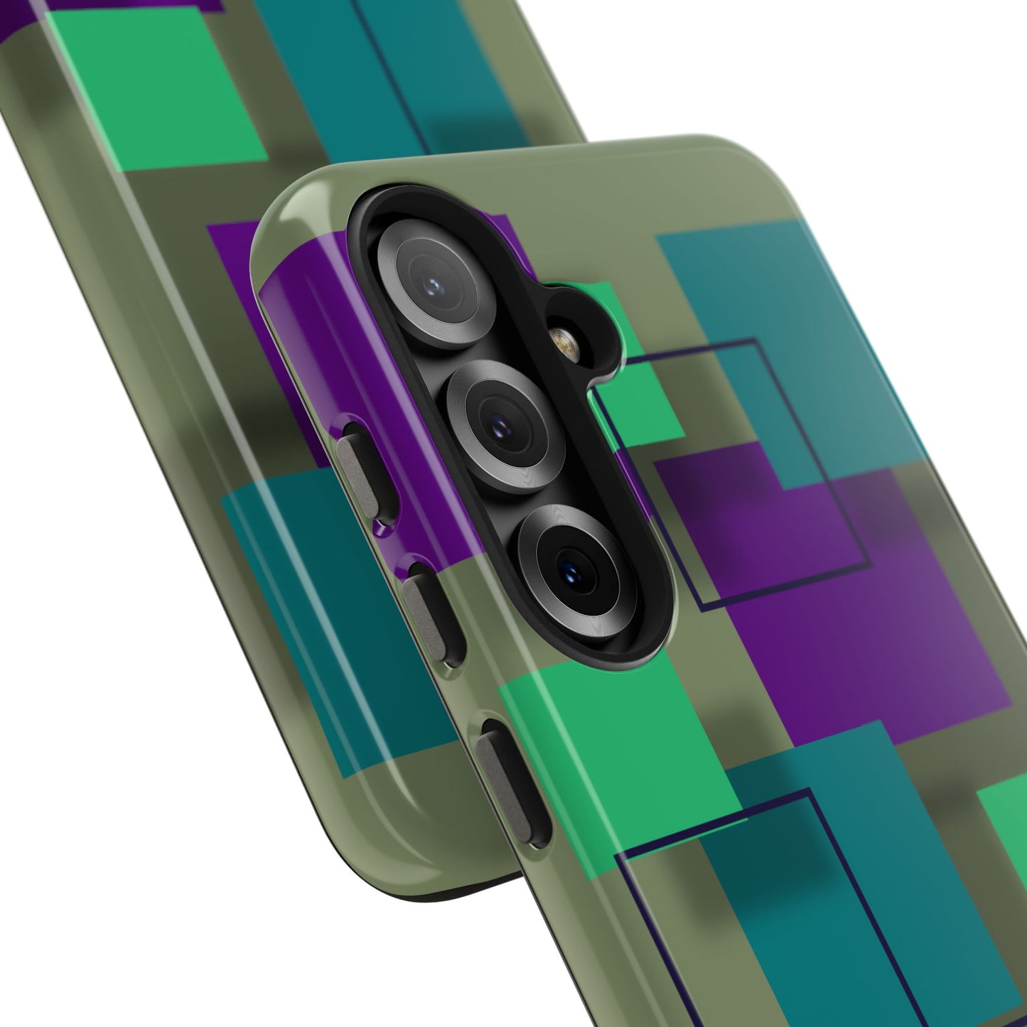 Geometric Olive Green Tough Phone Case – Teal & Purple Square Pattern