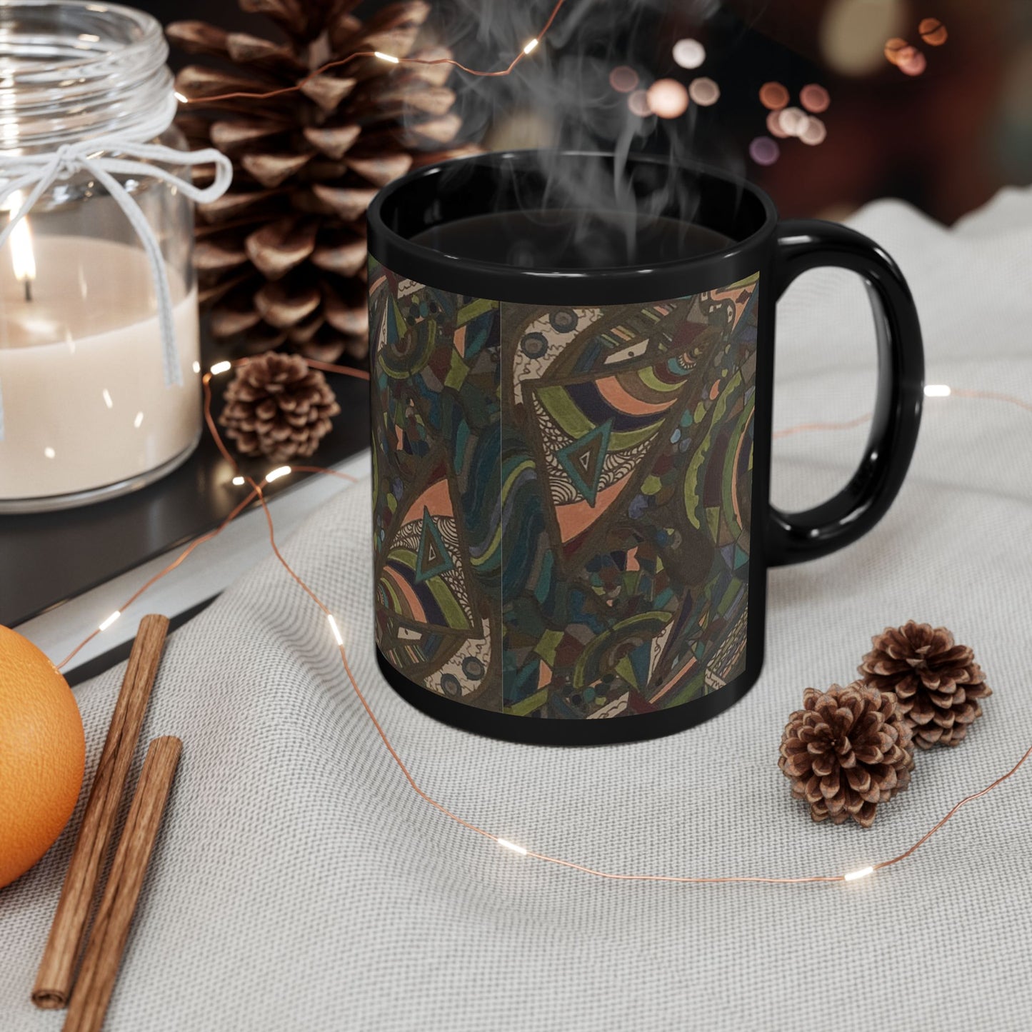 Abstract Boho Pattern Black Coffee Mug – Earthy Geometric Art 11oz/15oz